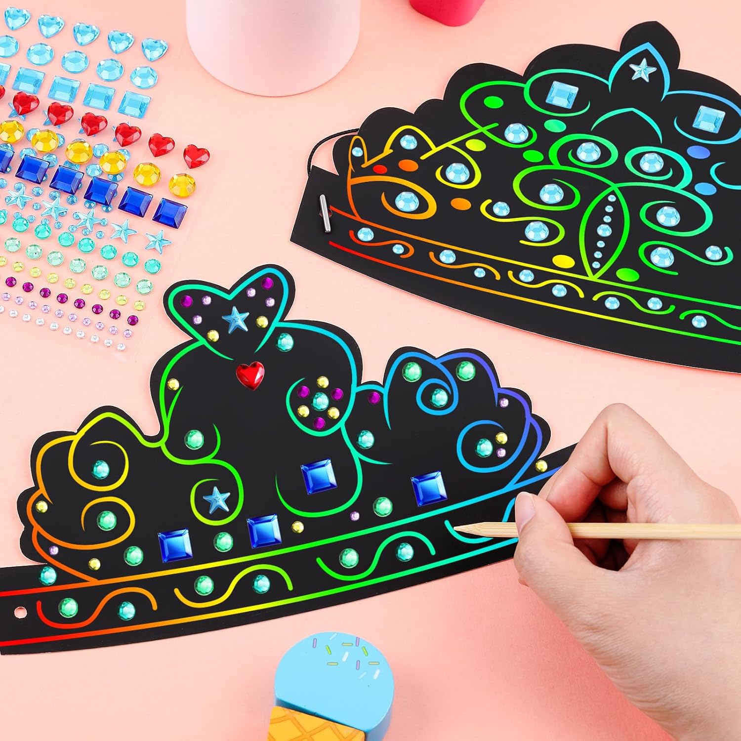 Deekin 36 Set Paper Crowns Set Scratch DIY Paper Crowns with Rainbow Color Craft Scratch Headband for Classroom Kids Boys Girls Adult with Jewels Stickers Wooden Sticks Elastic Bands for DIY Decor