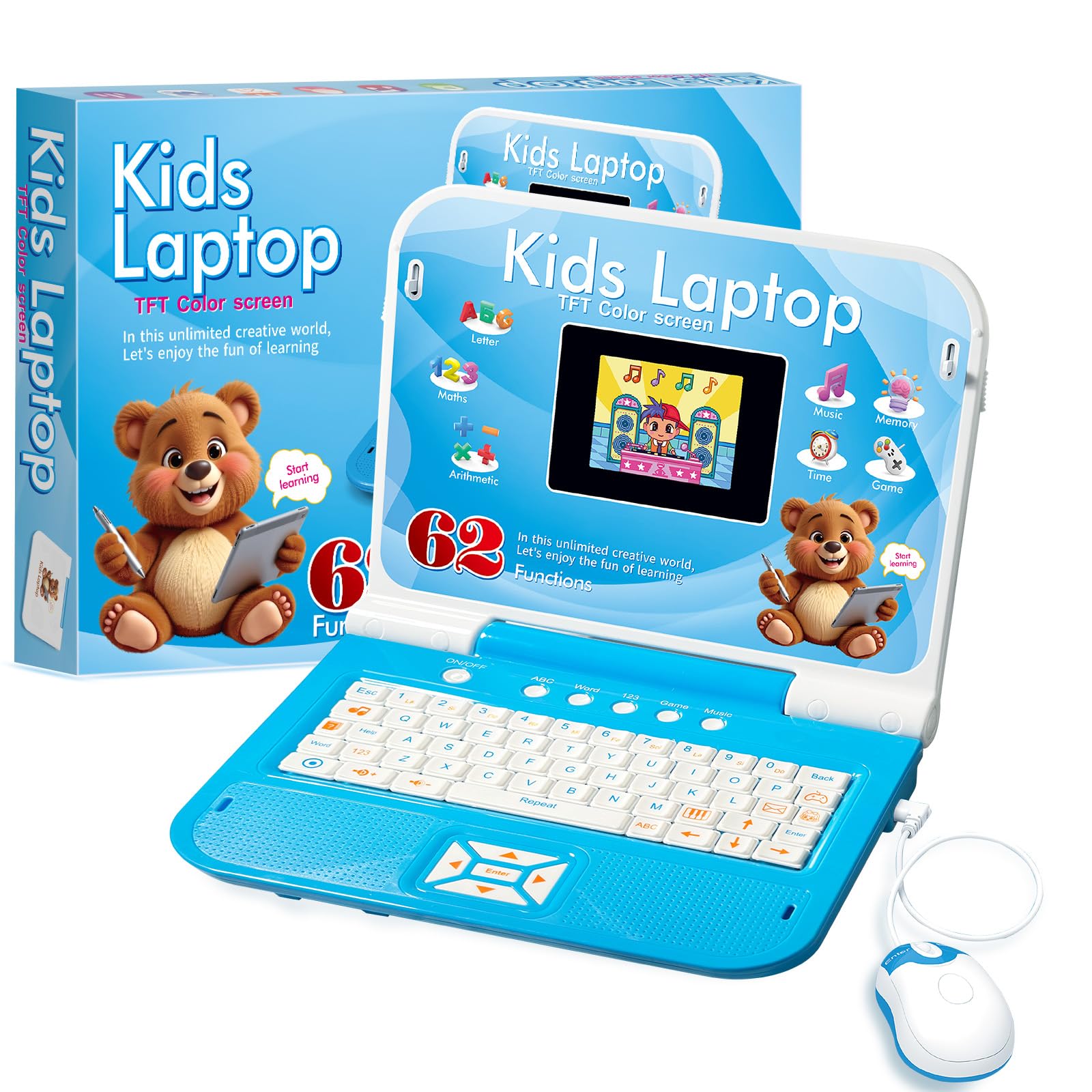 Kinderlaptop Lerncomputer Blau Farbdisplay Maus: Englisch Lernen, 62 Aktivitäten Mathe Spiele, Pädagogisches Geschenk für Mädchen ab 5 Jahre