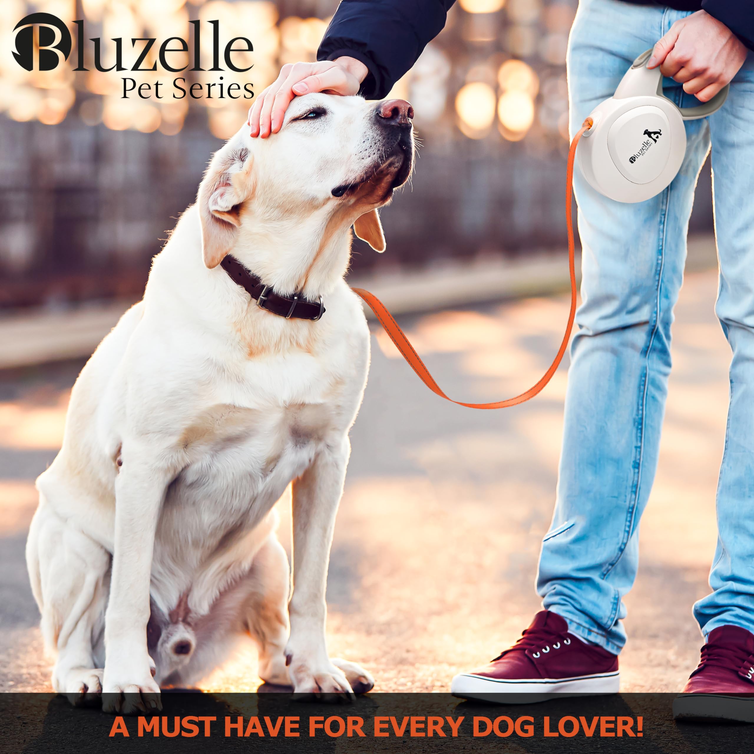8m Lange Hundeleine für Hunde bis 50kg, Flexible Rollleine Neon-Orange Leuchtender Reflektor-Gurt mit 360° Karabinerhaken Metall, Ergonomischer Griff Grau Gummiert & Einzugs-Bremse, Weiß