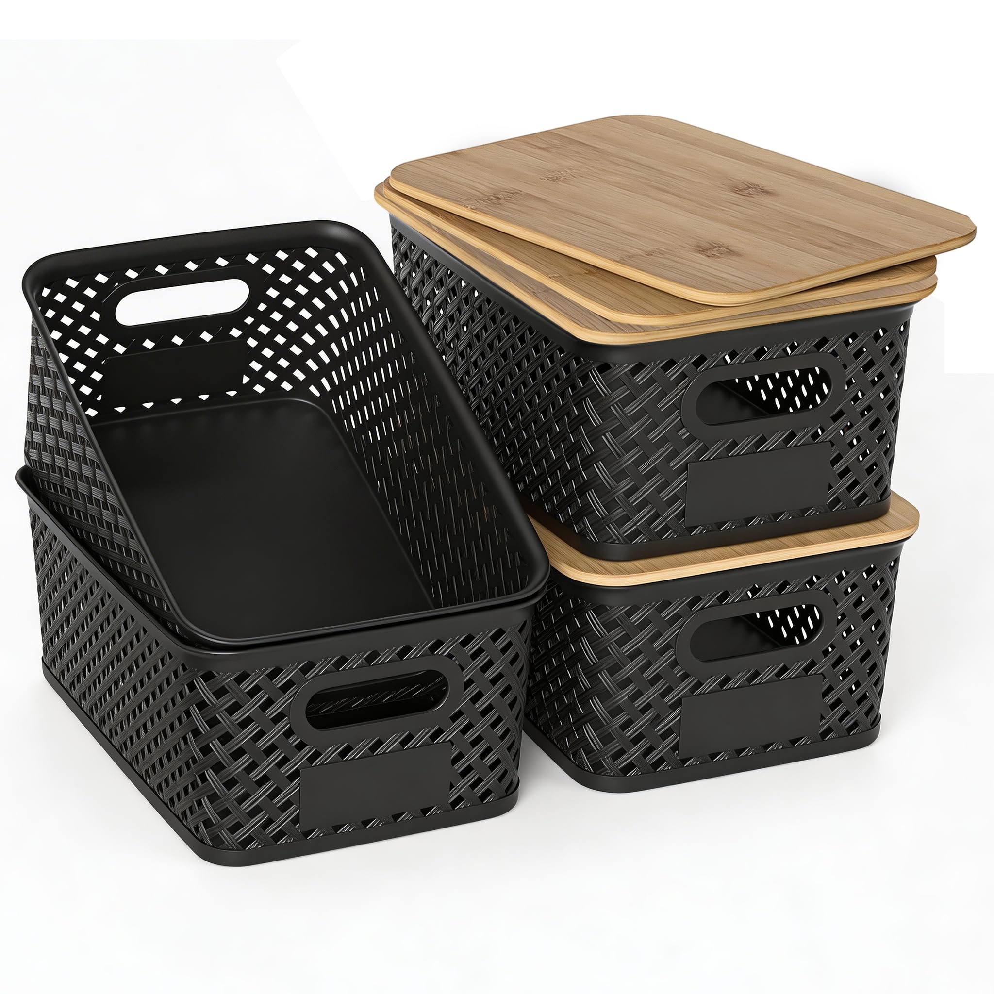 HapiLeap Plastic Storage Baskets With Bamboo Lid, Stackable Plastic Storage Boxes for Organizing Pantry Shelves Drawers Desktop Closet Playroom Classroom Office, 6 Pack (4-Pack Black)