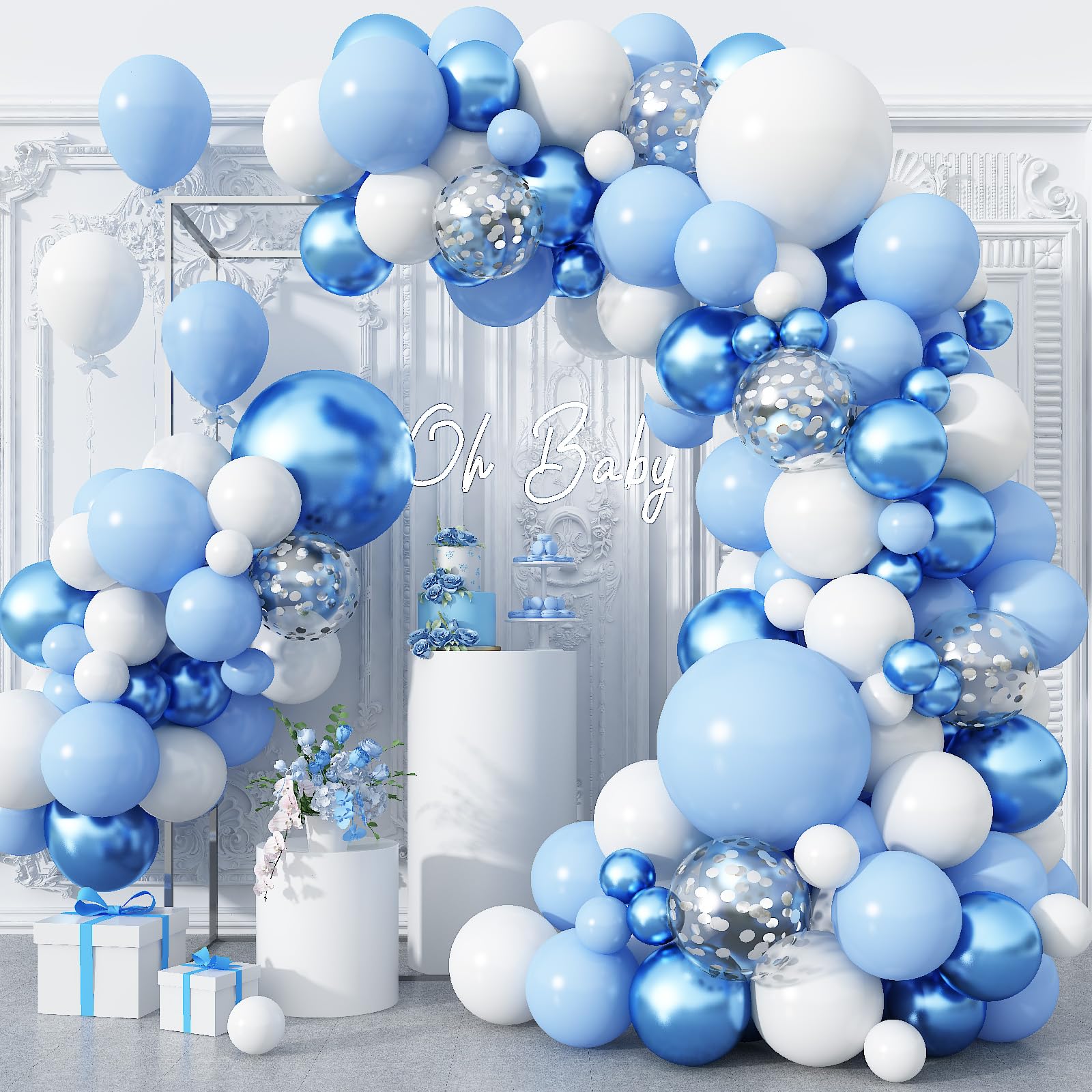 Blue Balloon Arch Kit 86Pcs Pastel Blue White Balloons Garland Kit with Silver Confetti Balloon Metallic Macaron Light Birthday Party Balloons for Boys Men Baby Shower Graduation Party Decorations