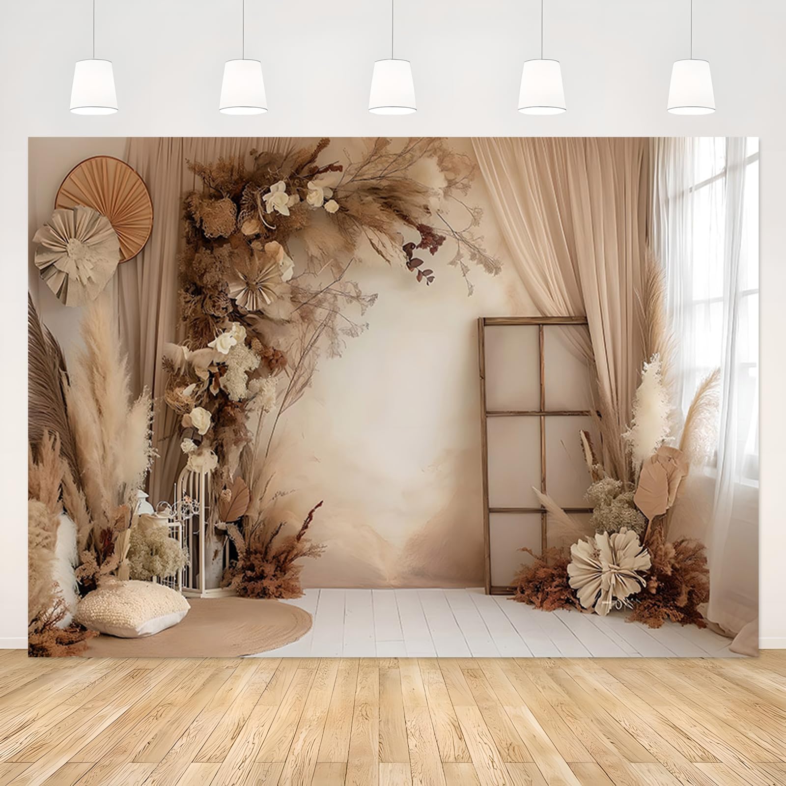 APROPHIC Tło fotograficzne w stylu boho, 2,1 x 1,5 m, tło retro z trawą pampasową, tło fotograficzne, nadaje się na wesela, urodziny, ściany fotograficzne, tła portretowe, tło fotograficzne, brązowe
