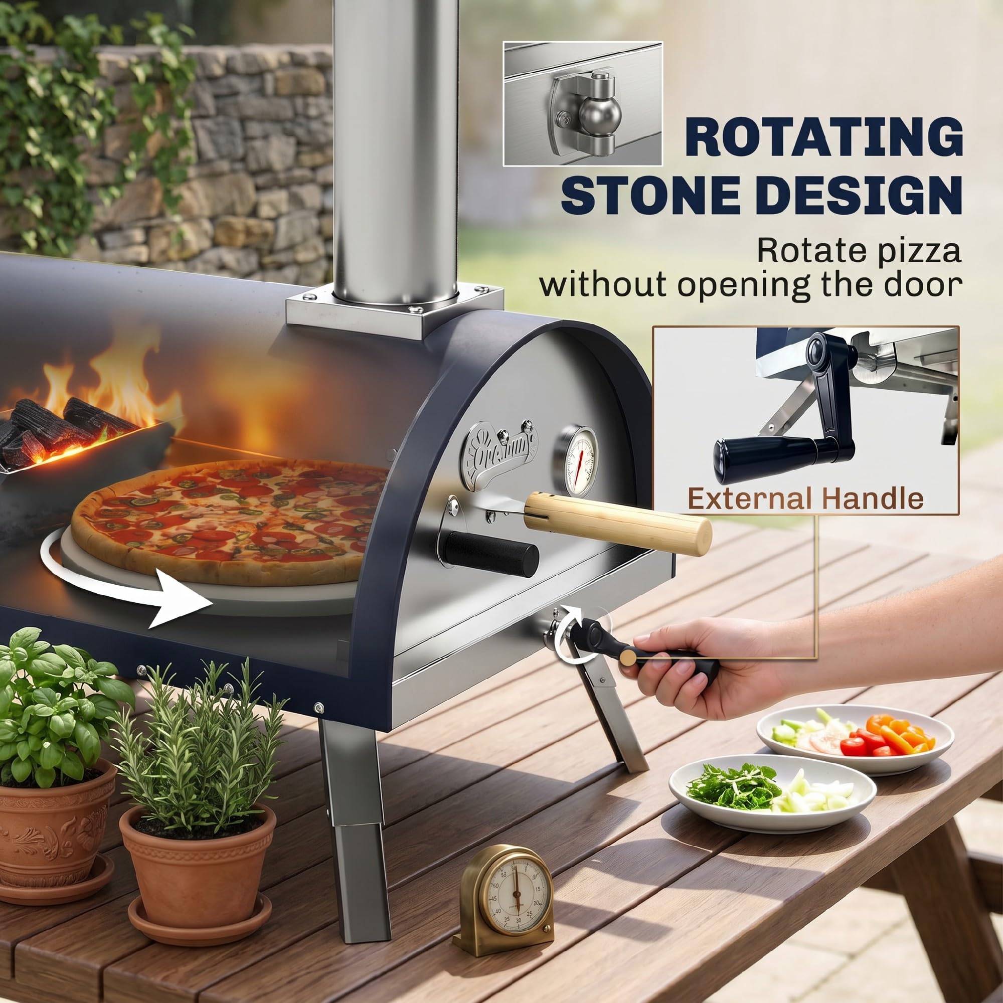 Outsunny Horno de pizza al aire libre de 12 pulgadas para mesa, portátil de pellets de madera con piedra giratoria, termómetro, chimenea extraíble, pelar, patas plegables, parrilla de acero inoxidable