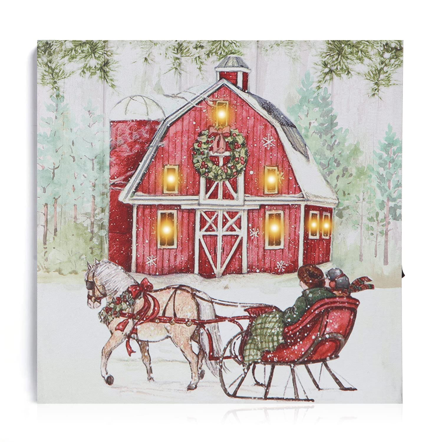 NIKKY HOME Lighted Christmas LED Canvas with Sleigh Car and Red House