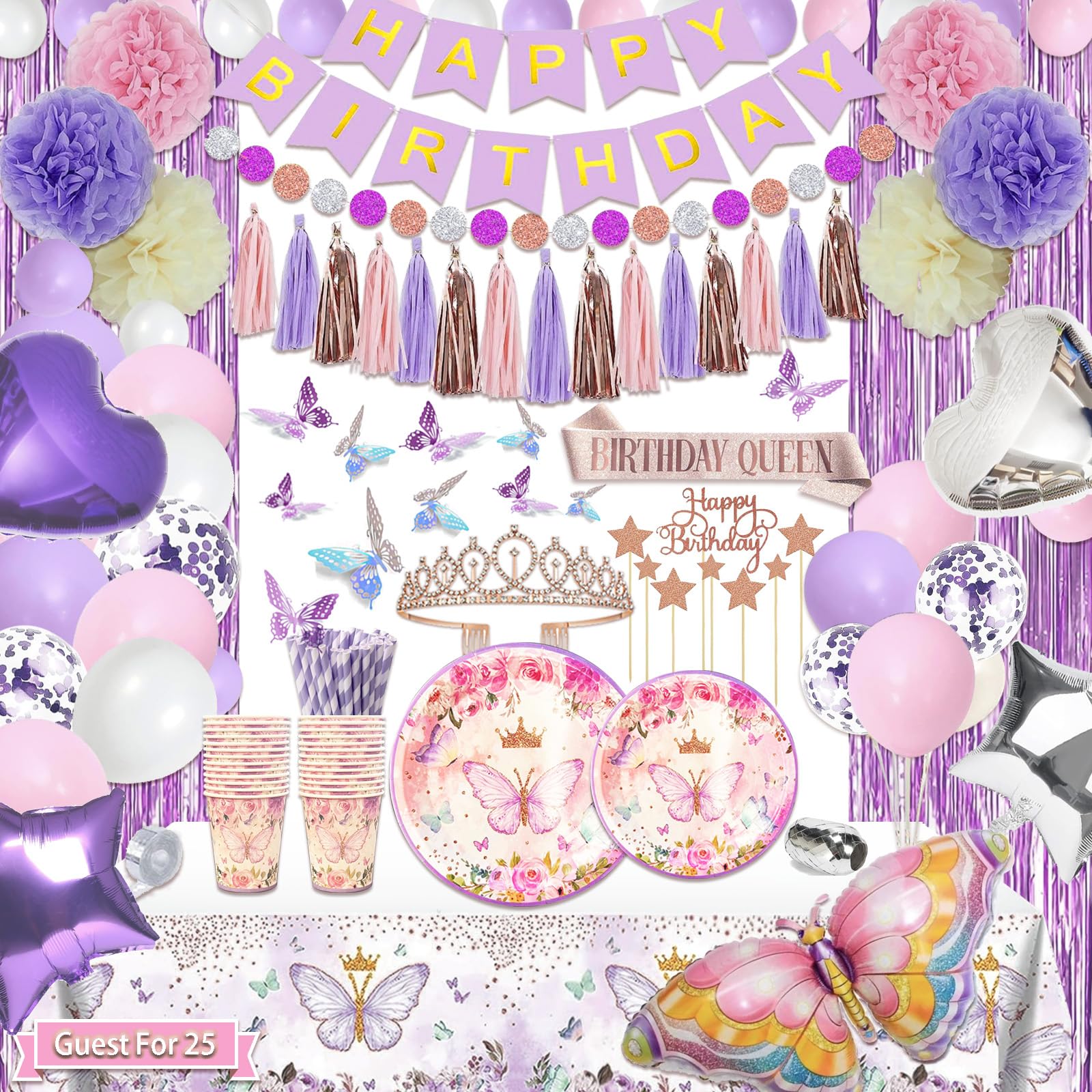 Guudmua 222 Pcs Butterfly Birthday Decorations, Purple and Pink Birthday Decorations For Girls Kit - Disposable Dinnerware Set with 25 Guest, Balloons, Sash, Tiara, Banner, Butterfly Decor
