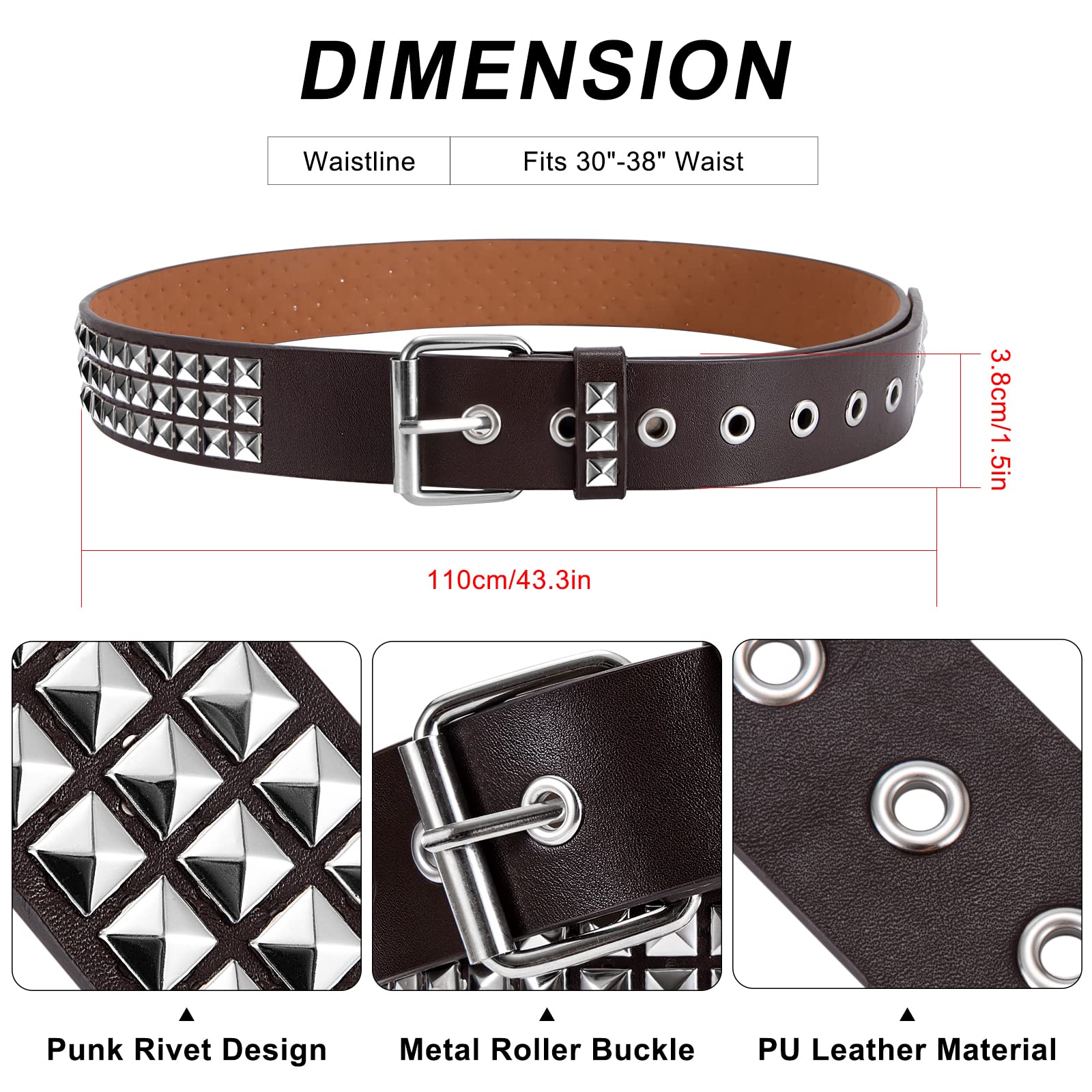 Cinturón de Remache Cinturón Punk de Cuero PU Gótico con Tachuelas de Pirámide para Mujeres y Hombres Accesorios de Ropa Gótica (Marrón)