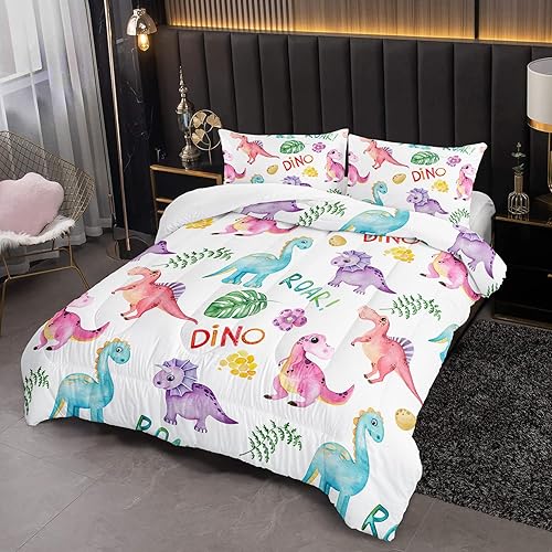 Miniatura 2 de Juego de edredón de dinosaurios de dibujos animados, juego de ropa de cama de dinosaurio Kawaii de 3 piezas para todas las estaciones con árbol,