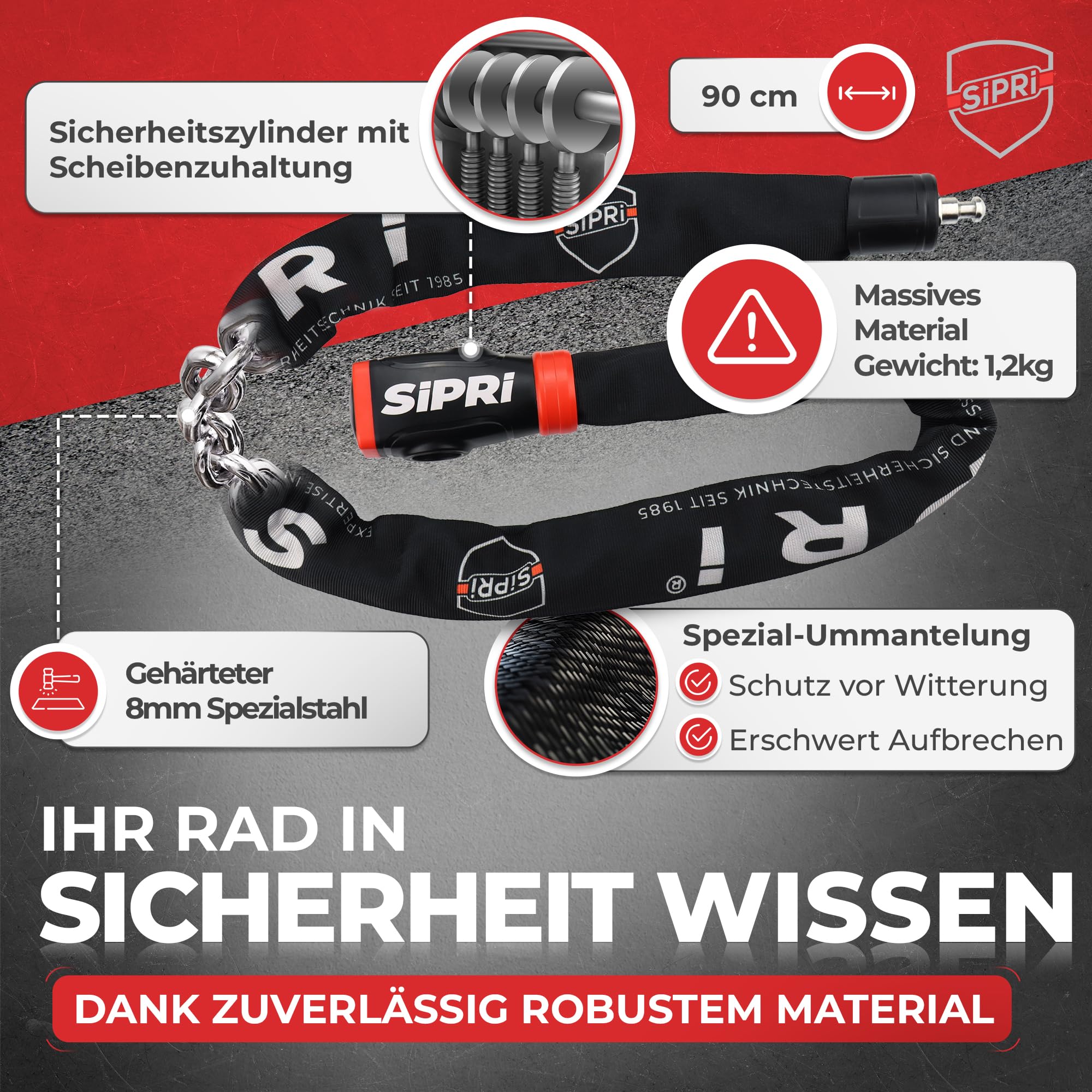 SIPRI® Lucchetto per bicicletta con allarme da 120 dB, lucchetto a catena per bicicletta ad alta sicurezza per e-bike, scooter e moto, in acciaio da 8 mm, resistente alle intemperie, robusto e