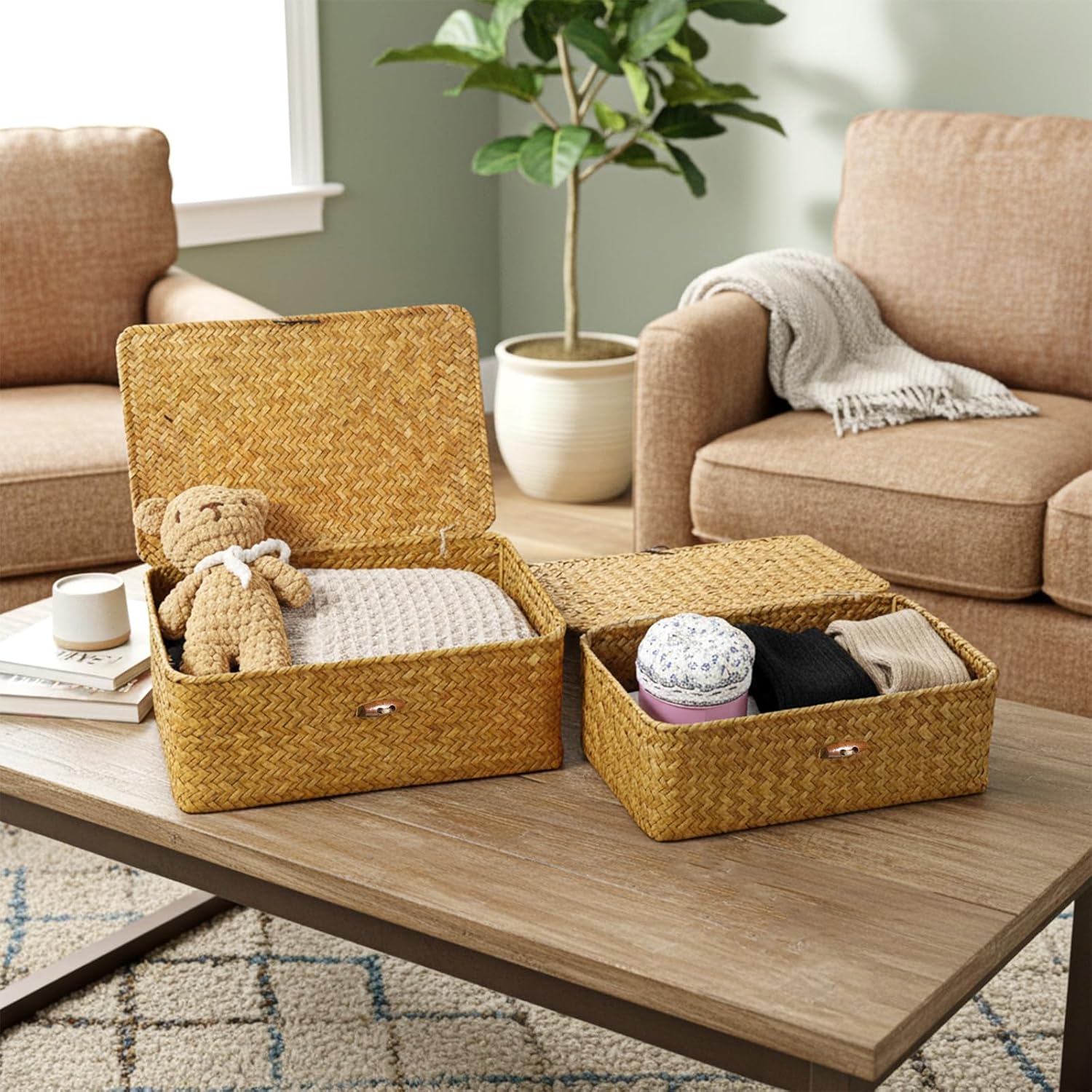 4 Set Wicker Storage Basket With Lid, 4 Size Handwoven Storage Bins Shelf Baskets Multipurpose Container for Home & Office Supplies