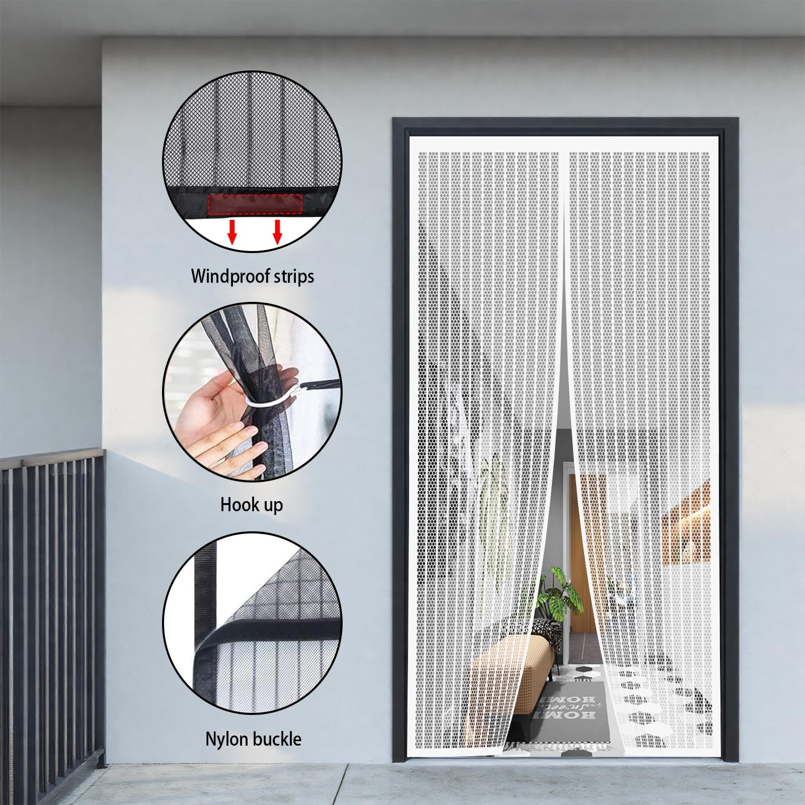 Fliegengitter Balkontür Magnet 175 x 200 cm Ohne Bohren, mit Starken Magneten, Selbstschließend, Keine Stechmücken, Magnetvorhang Terrassentür für Balkon Terrassentür, Weiß