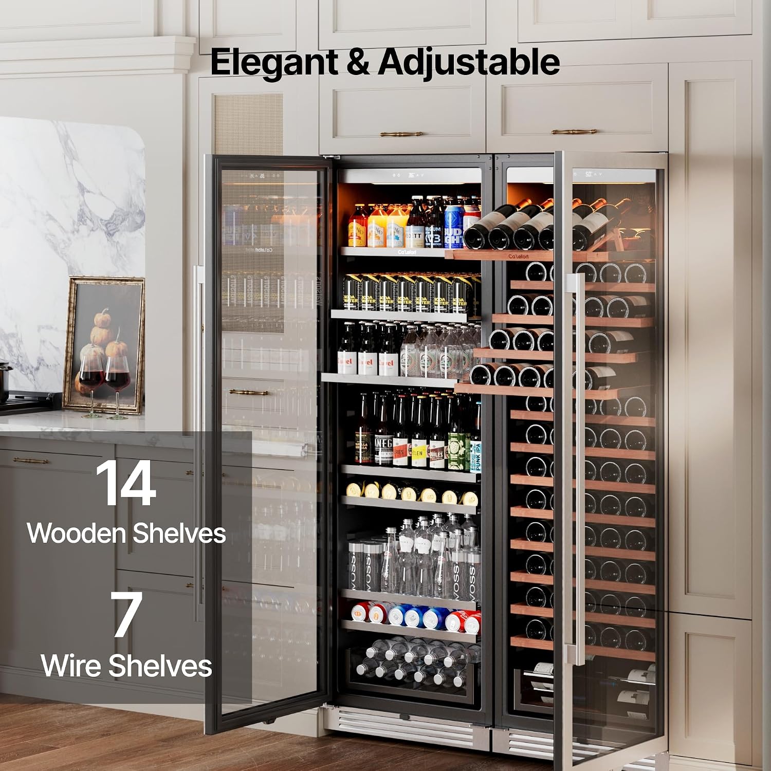 Ca'Lefort Wine and Beverage Refrigerator, Two 24 Inch 34-65°F Wine Cooler 373 Can & 166 Bottle, Adjustable Shelves & 3-Color LED, Energy Star Certified, Built-in/Freestanding for Home/Bar (2 Units)