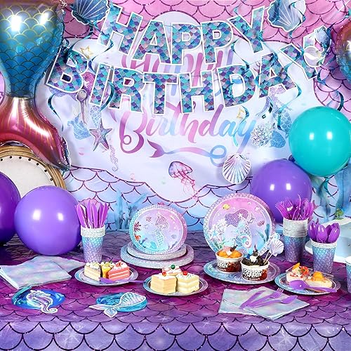 Miniatura 7 de Ctosree 220 piezas de decoración de cumpleaños de sirena, kit de suministros para fiesta de sirena, incluye globos, telón de fondo, pancartas,