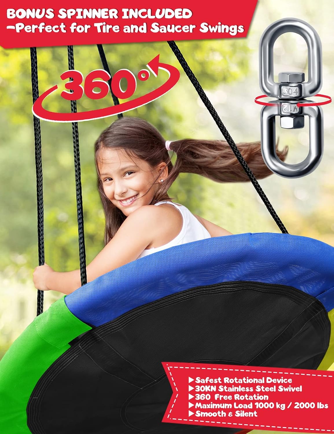 Tree Swing Set with 360° Swivel Safety Rotator 40" Saucer Swing Seat for Kids Backyard Outdoor (Multicolor)
