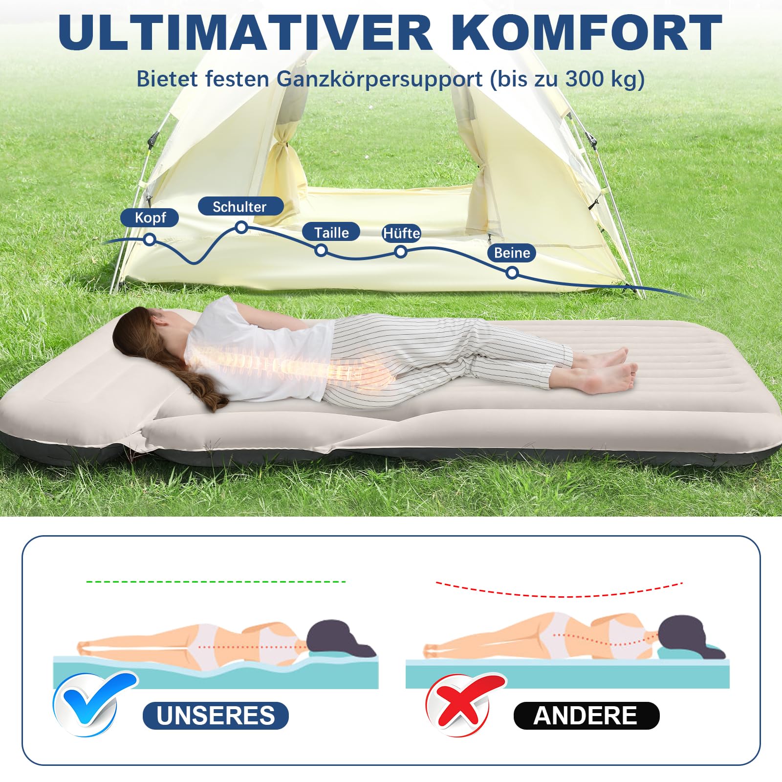 KMZ SUV Luftmatratze Dickere Doppelseitige Beflockung Camping Matratze – Tragbares Bewegliche Schlaf-Auto-Bett – Bequeme Aufblasbare Reisen Luftbett mit Elektrische Luftpumpe und 2 Kissen