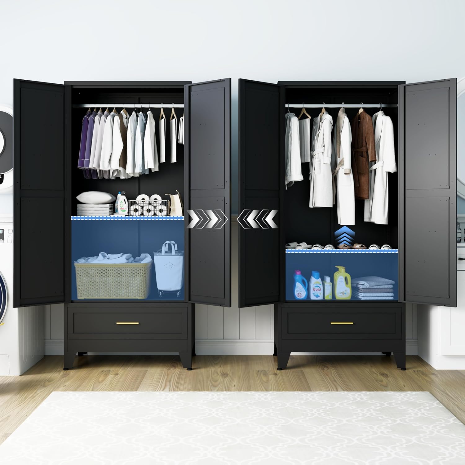 71" Metal Armoire Wardrobe Closet with 1 Drawer, Steel Wardrobe Cabinet with Adjustable Shelves & Hanging Rod and 2 Doors, Black Clothing Storage Cabinet for Bedroom
