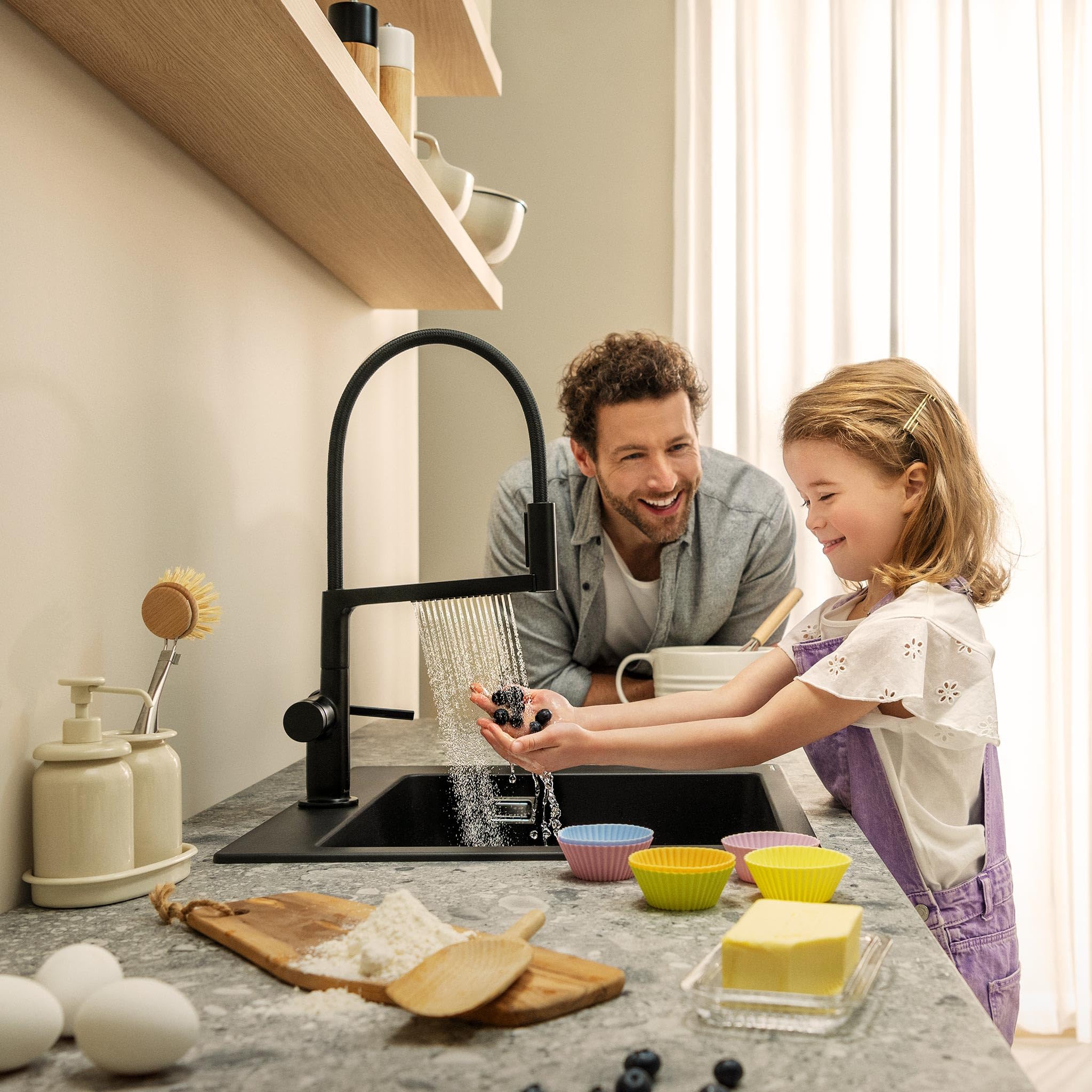 hansgrohe Talis Select M54 PowderSpray - grifo de cocina con ducha extraíble, SemiPro, 3 tipos de chorro, altura del caño 210 mm, grifo cocina fregadero con caño giratorio, negro mate, 72861670