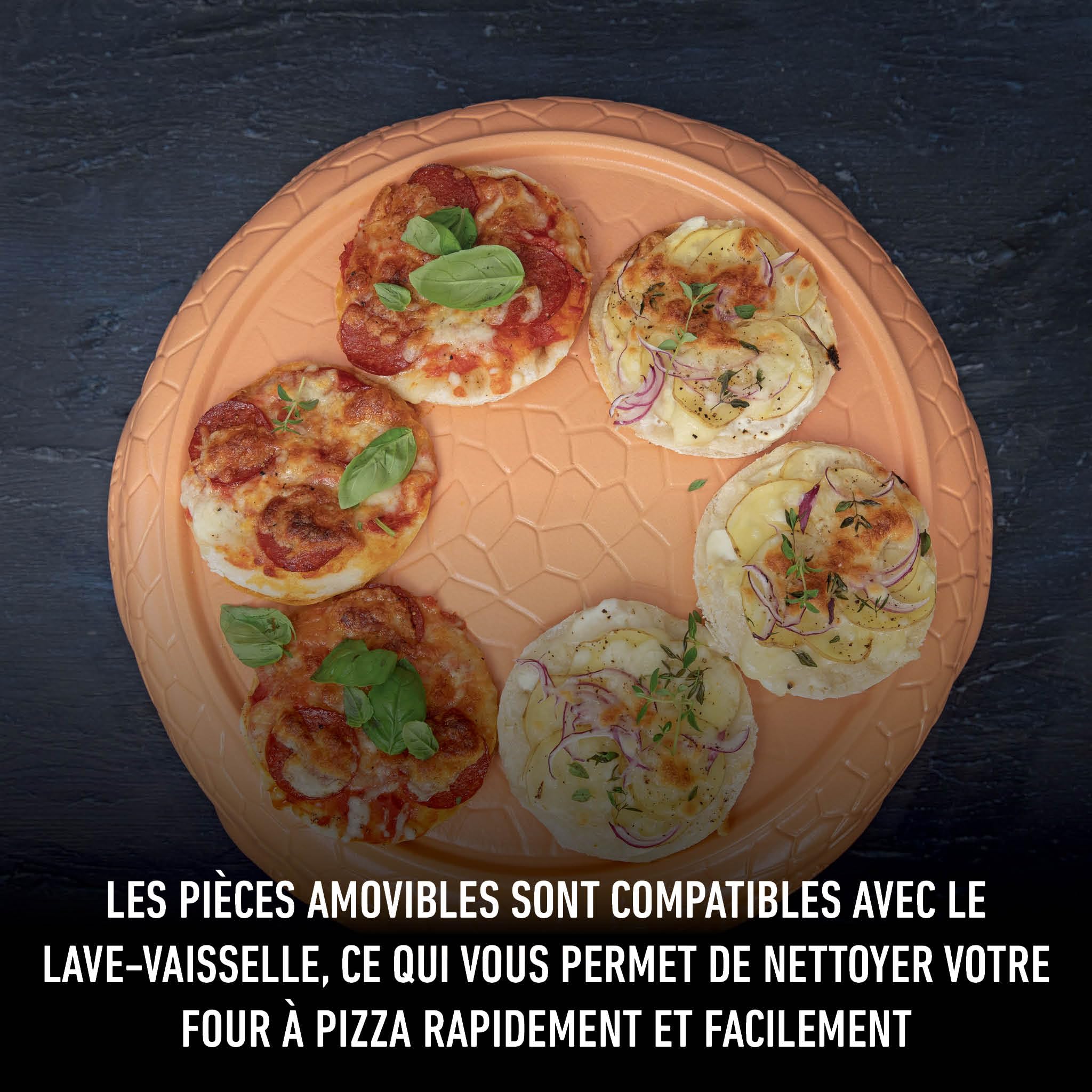 Gastronoma Four à pizza - Four à pizza avec dôme en terre cuite pour 6 personnes - Dôme à pizza - 1000 Watt - Préparation en 5-7 minutes - avec accessoires - Dôme plat