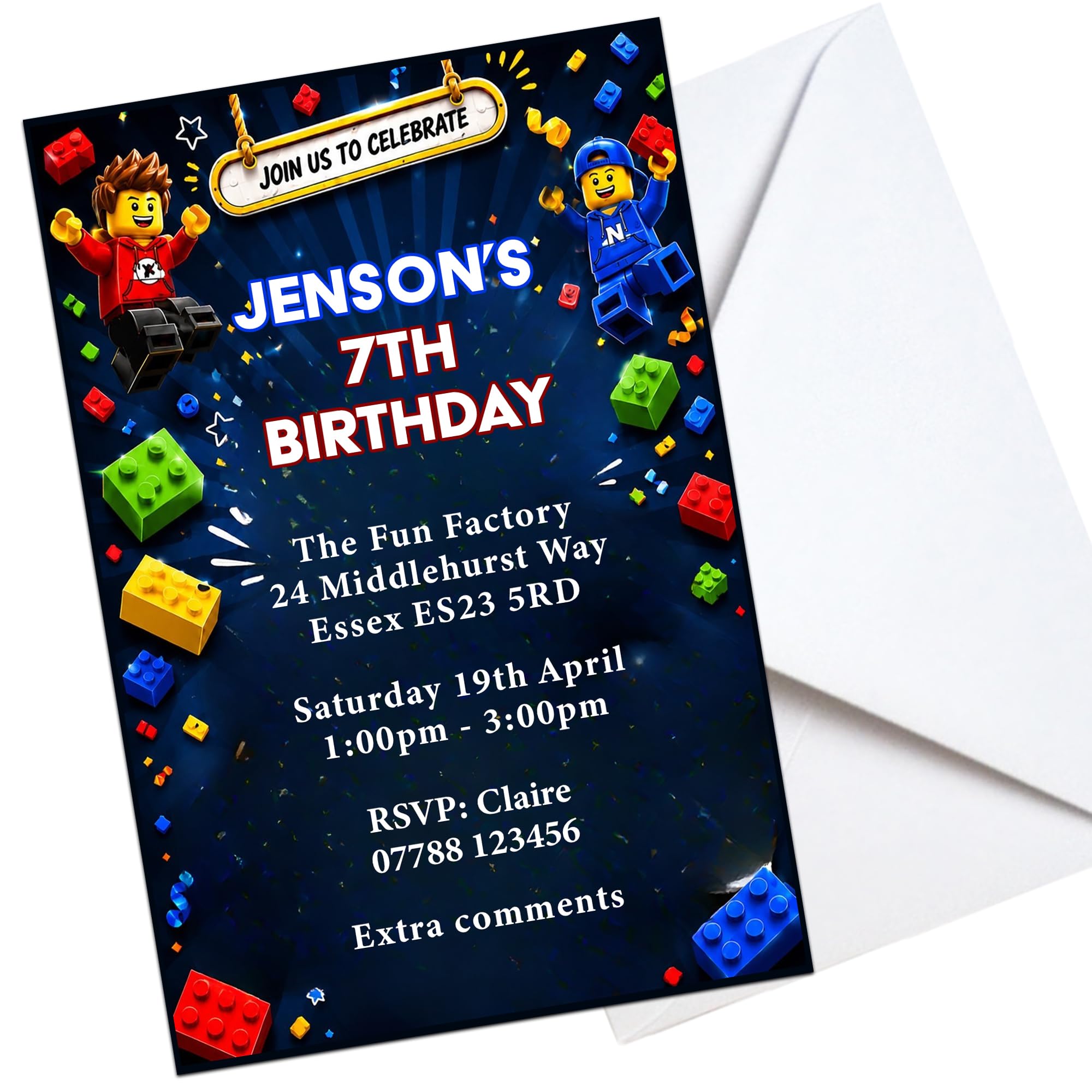 Bricks Invitations Personalised Party Invites Birthday & Envelopes (K266)