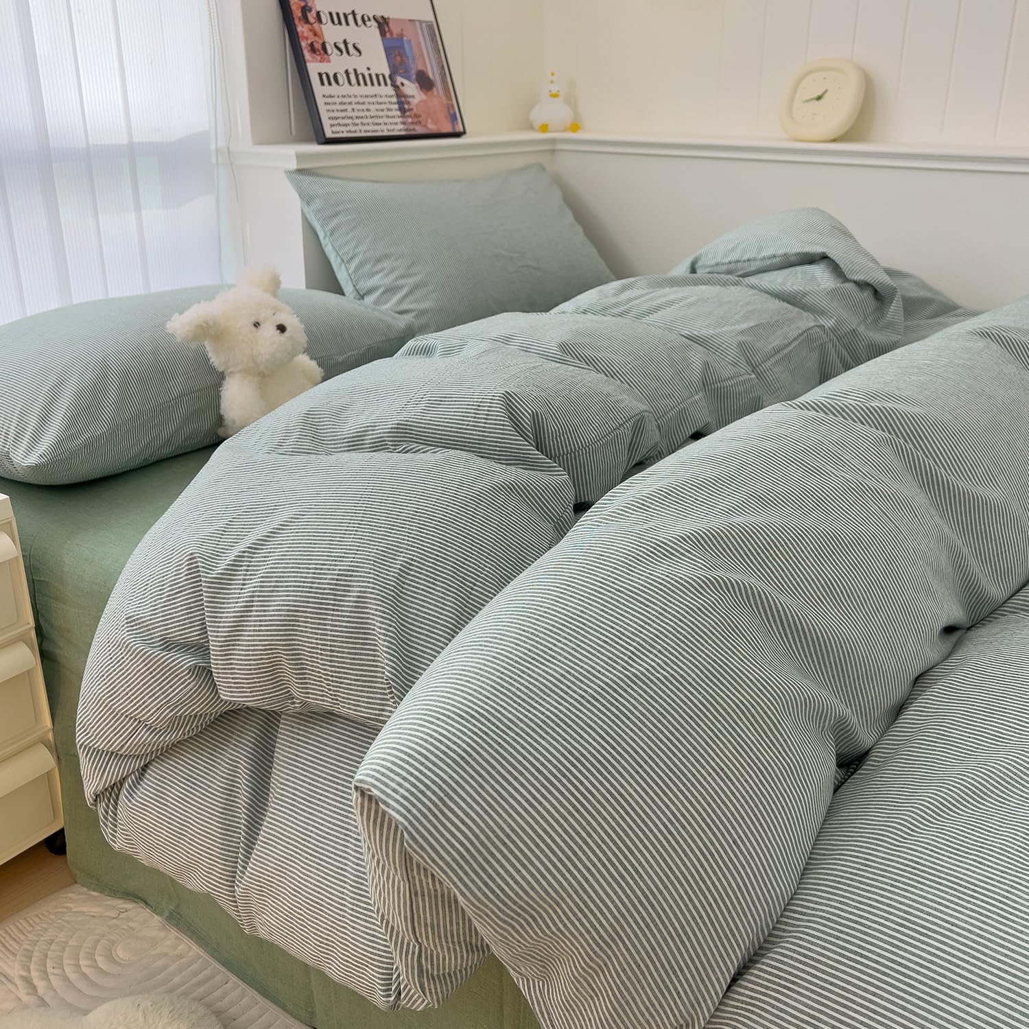 mixinni Green Striped Duvet Cover Twin XL Size - 100% Washed Cotton Pinstripe Comforter Cover with Zipper Closure, Lightweight &amp; Breathable, 3 Pieces Minimalist Stripes Pattern Printed Bedding Set