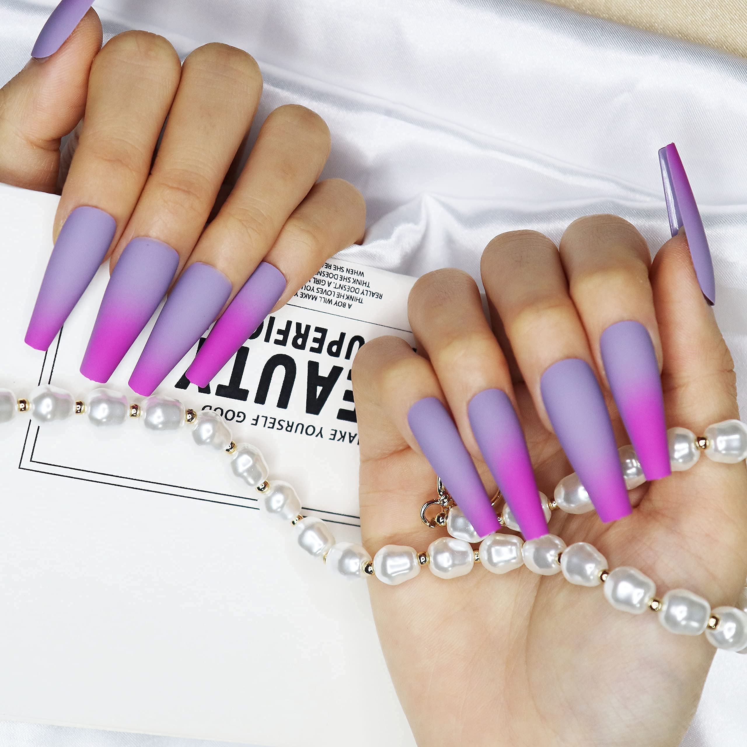 Amazon.com: MISUD 24 pcs Coffin Press on Nails, Long Fake Nails, Matte Glue  on Nails, Ballerina Gradient Acrylic Nails, Natural Full Cover Artificial  UV Gel Ombre False Nails for Women & Girls (