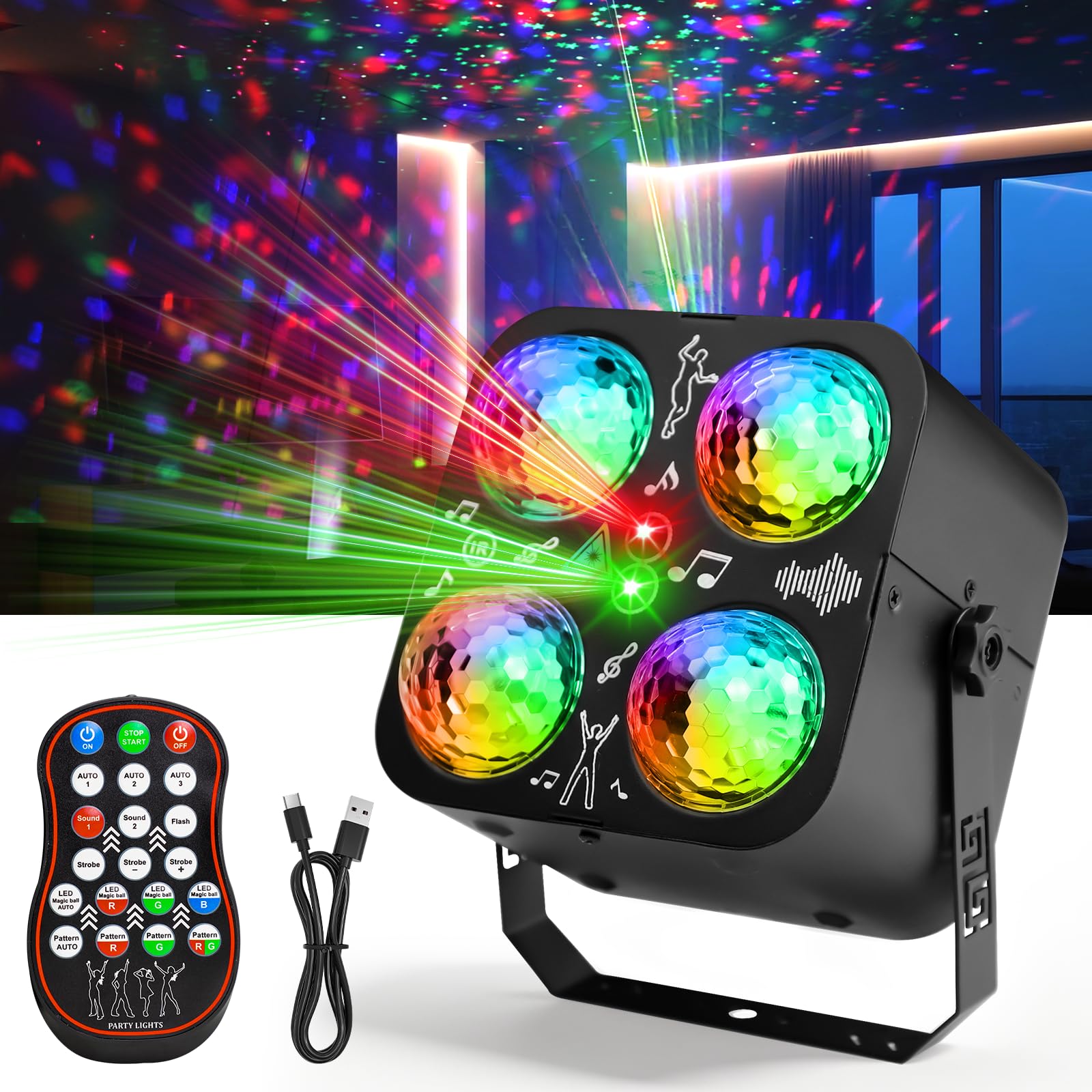Discolichter für Partys, 3 Modi: Tonaktiviert/Fernbedienung/Auto, mit 4 Discokugeln und 2 Hauptlichtern, 64 Muster, ideal für Zuhause, Geburtstage, Karaoke, Tanzen, Bars, KTV, Clubs