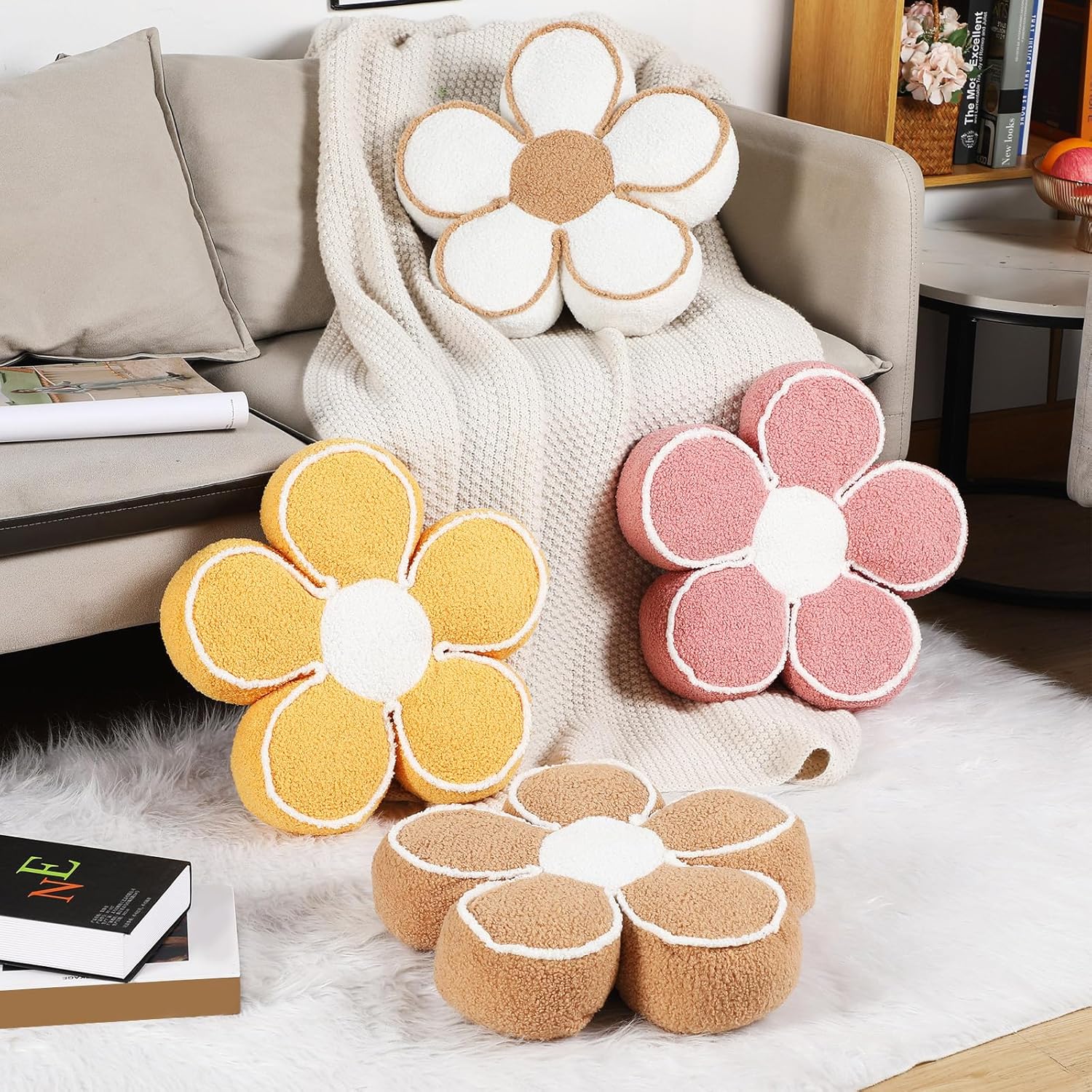 Menkxi 2 Pack Flower Pillows Cute Flower Shaped Pillows Daisy Pillow Throw Soft Floor Cushion for Living Room Bedroom Sofa Couch Winter Warm Decoration 15.7 Inch(Pink) - Image 4