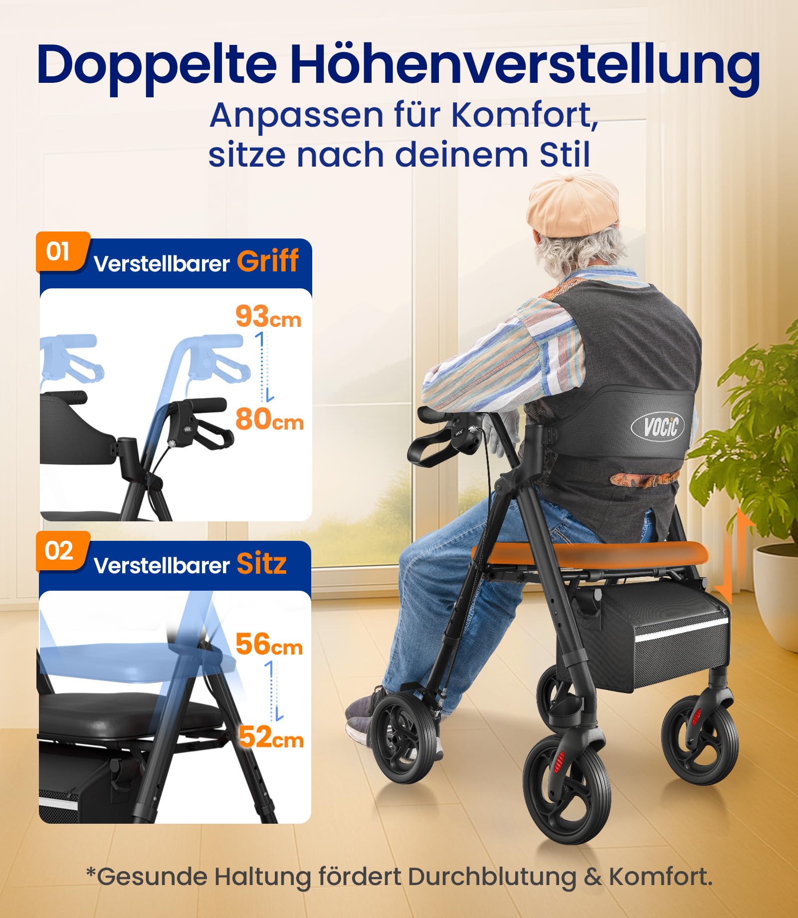 VOCIC Rollator Faltbar und Leicht mit Sitz,Rollatoren Schmal für Wohnung,Rollatoren für Senioren Klappbar mit 20cm Reifen für All Gelände,Sitz und Griff Höhenverstellbar,5 Jahre Support|Schwarz