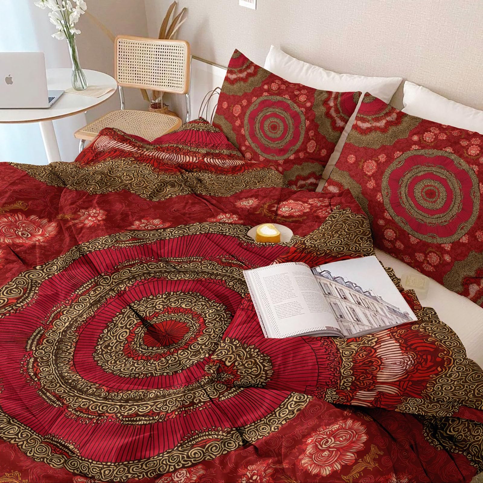 Biancheria da letto per bambini in stile bohémien, motivo mandala, in microfibra morbida e traspirante, 155 x 220 cm, con chiusura lampo e 2 federe da 80 x 80 cm, colore: rosso