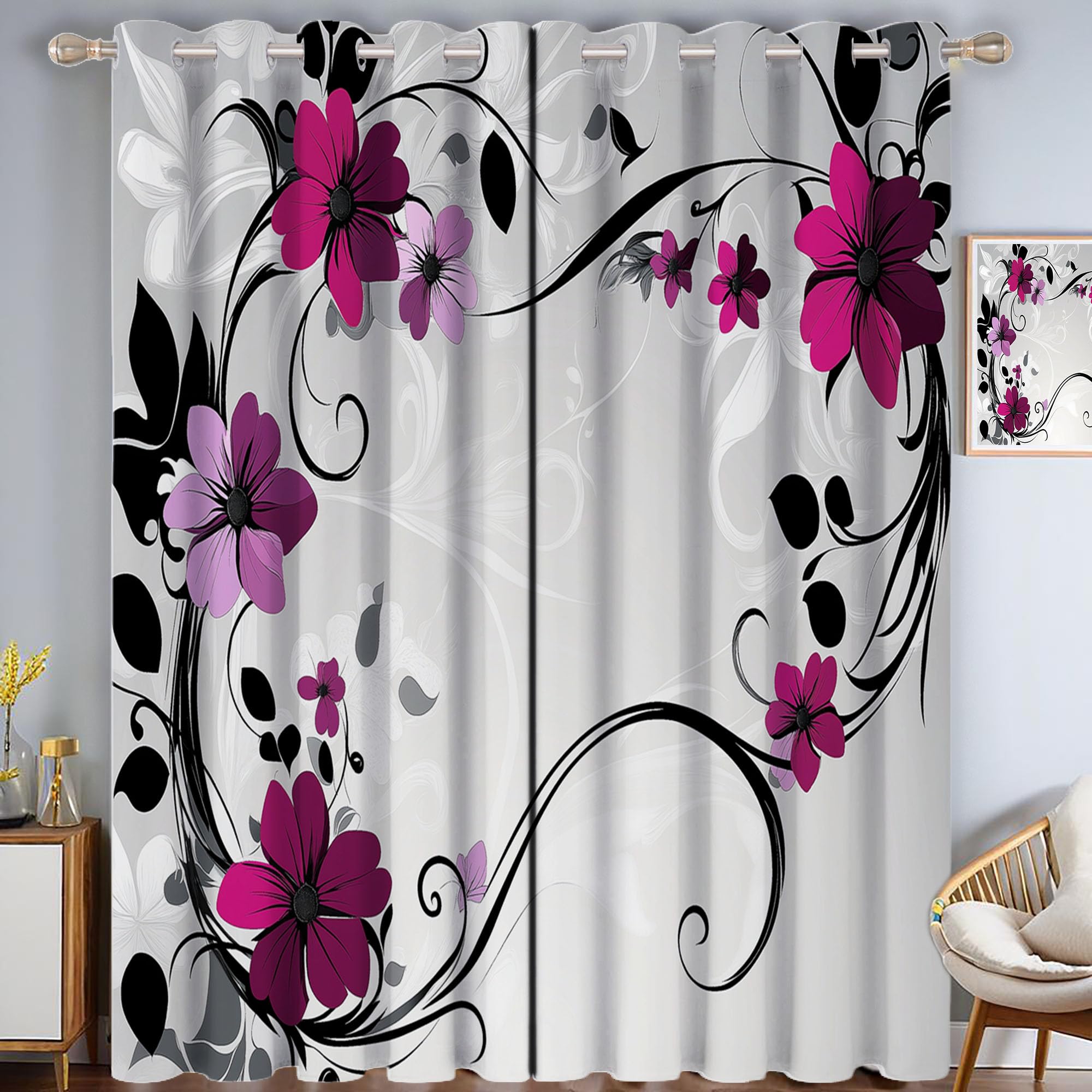 Rideaux motif tourbillons fleurs gris violet pour l'ambiance du salon