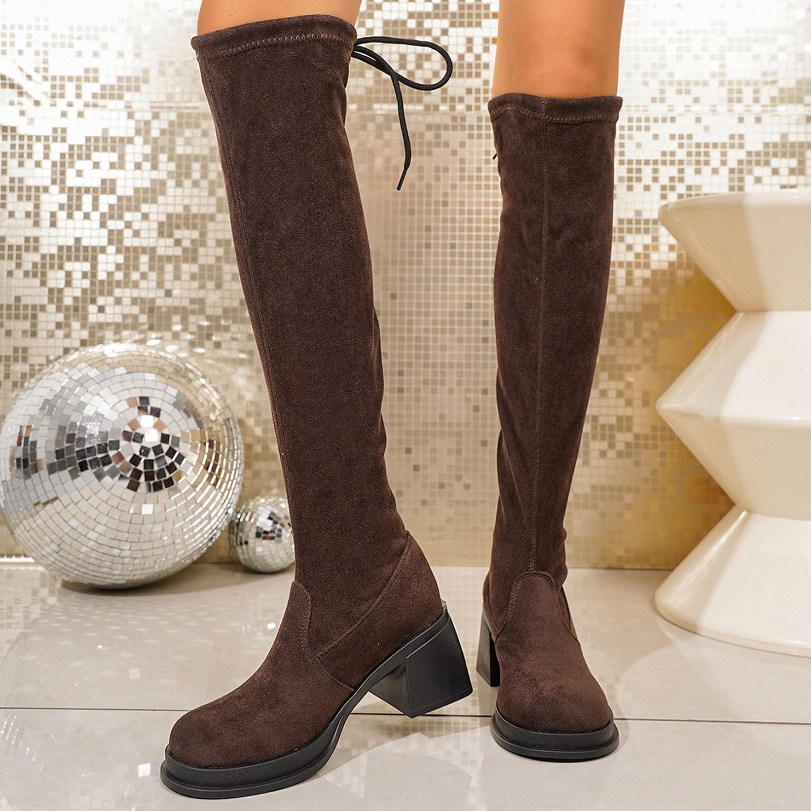 Botas Altas de tacón Grueso por Encima de la Rodilla, con Suela apilada y Arrugada, Ideales para el Invierno.