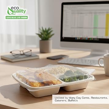[50 Pack] 36 oz 3 Compartment Compostable Food Storage Container with Lids - Biodegradable, Sugarcane, Plant Fiber, Heavy Duty, Microwavable, Tree Free, Ecofriendly, Lunch Trays, Meal Prep, Bento