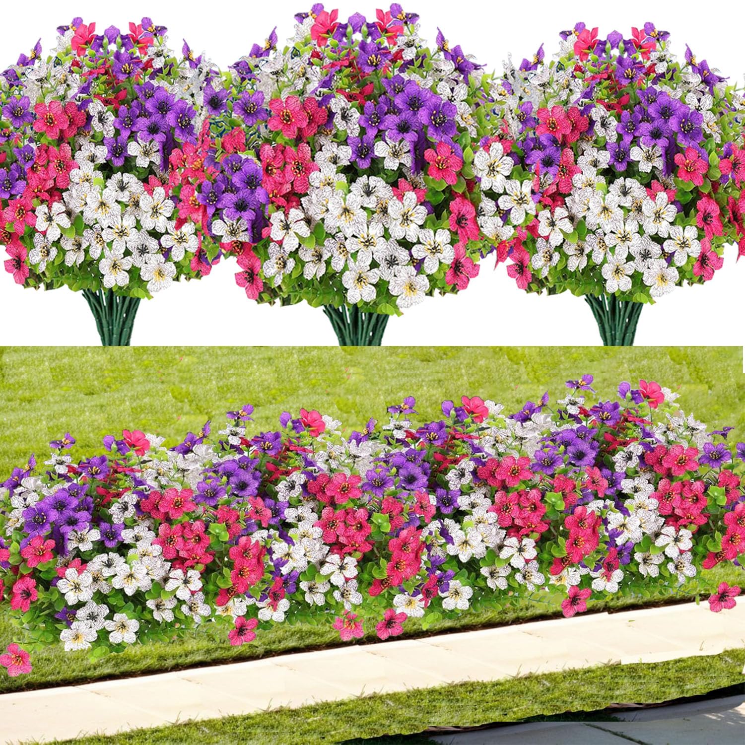 Toprooms Artificial Flowers for Outdoors Faux Plants Fake Flowers Decoration,12 Bundles Faux Silk Colorful Daisy Realistic UV Resistant Home Planter Window Porch Patio Yard(Silk flowers 3colors)