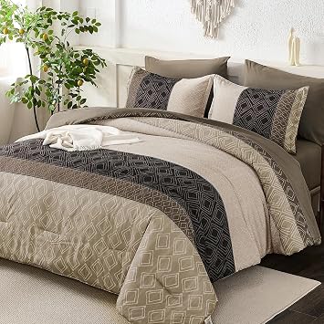 Full Size Comforter Sets,Light Brown Boho Bedding Set 7 Piece Bed in a Bag