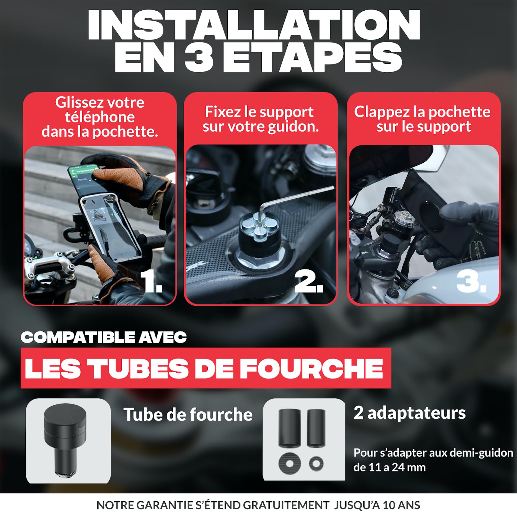Shapeheart Support Téléphone pour Demi-Guidon de Moto Pochette Détachable | Compatible tous Smartphones | Claper et Retirer en 1 Geste | Colonne de direction 11-24 mm | Anti-vibrations | Weatherproof