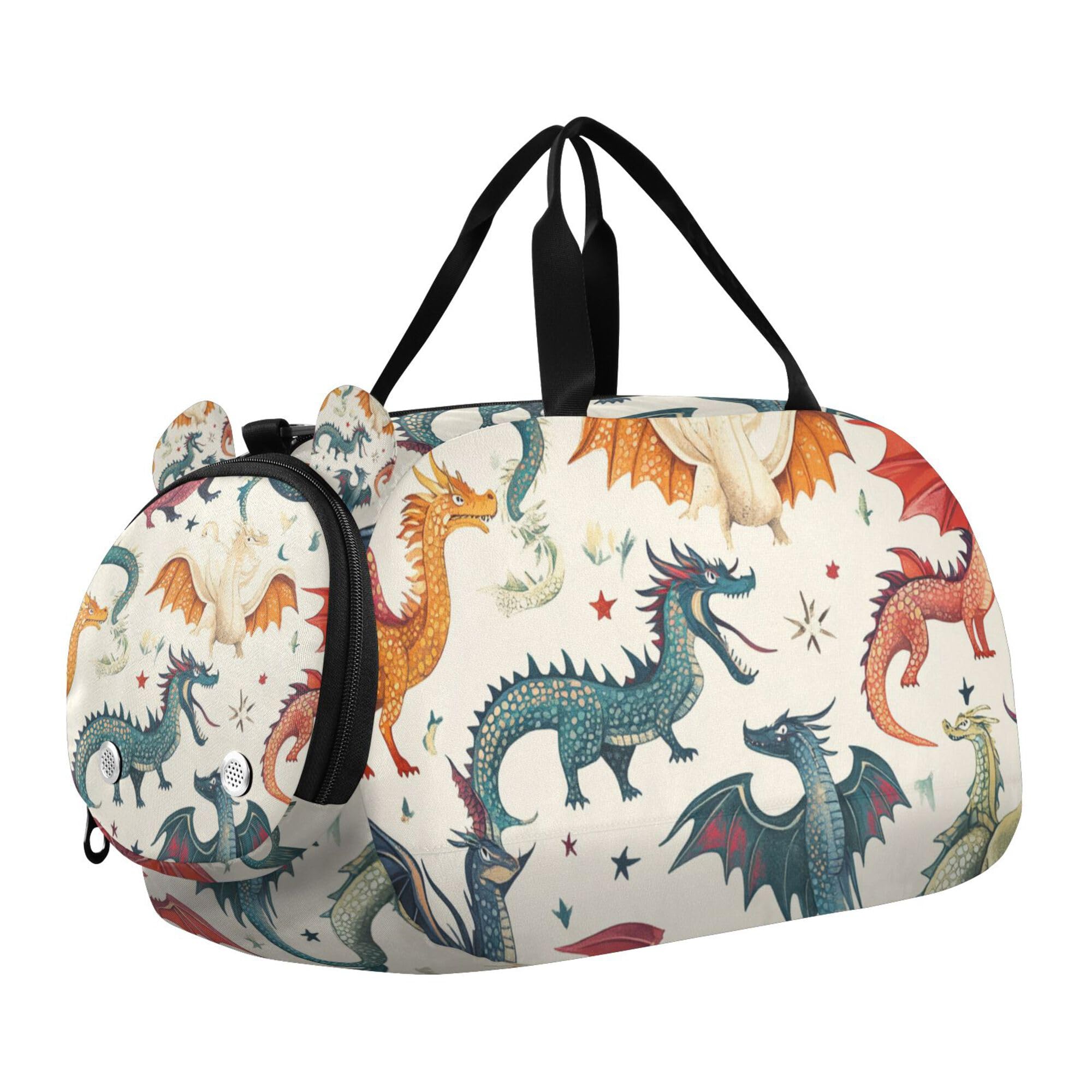 Glaphy Cute Cartoon Dragons Duffle Bag for Toddler Boys Girls, Gym Sports Bag with Shoe Compartments, Kids Travel Overnight Weekender Shoulder Bag