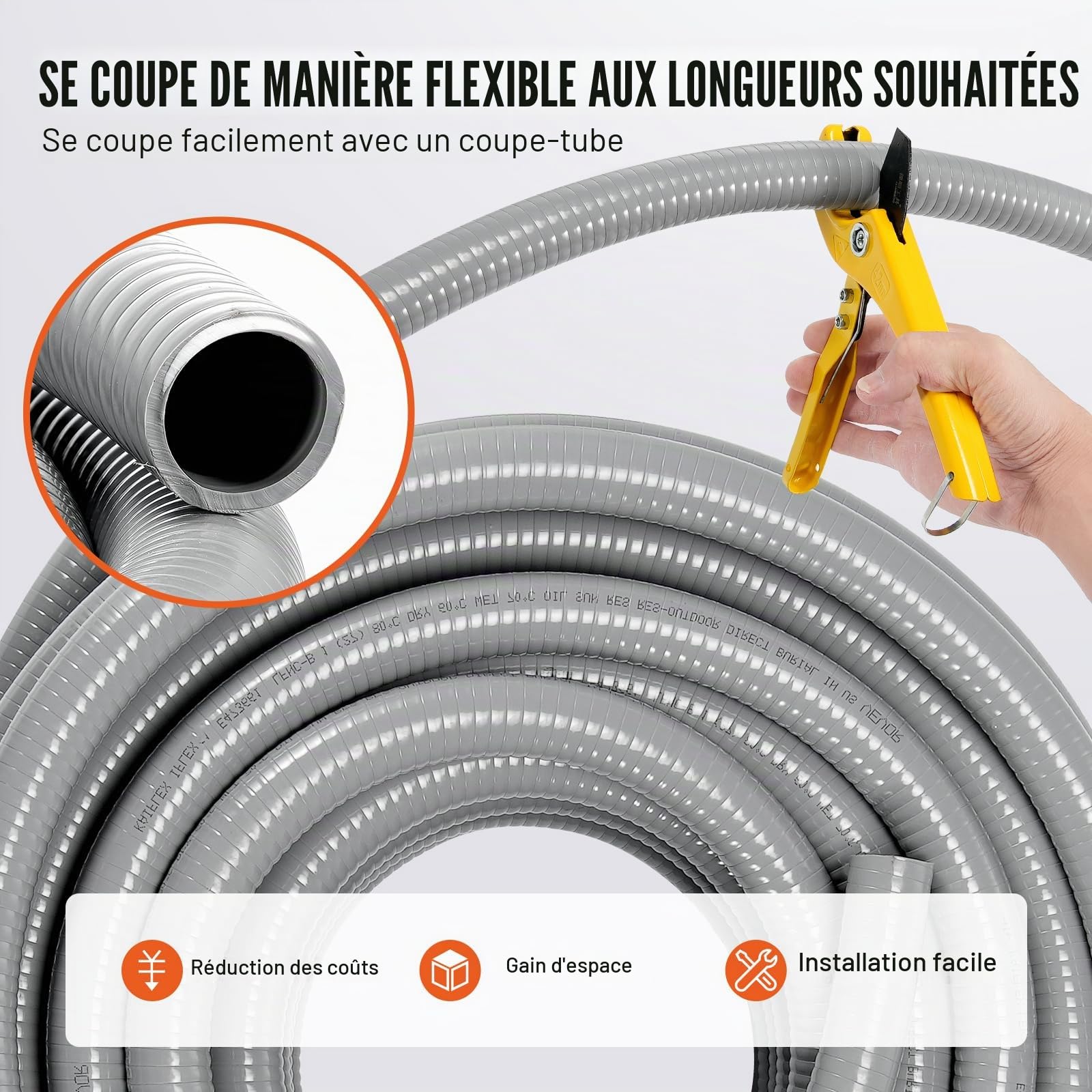 VEVOR Conduit électrique flexible, 12,7 mm, conduit étanche aux liquides en PVC, 30,5 m, non métallique, avec 5 connecteurs 180° et 5 connecteurs 90°, pour pompe contrôleur moteur climatisation, IP65