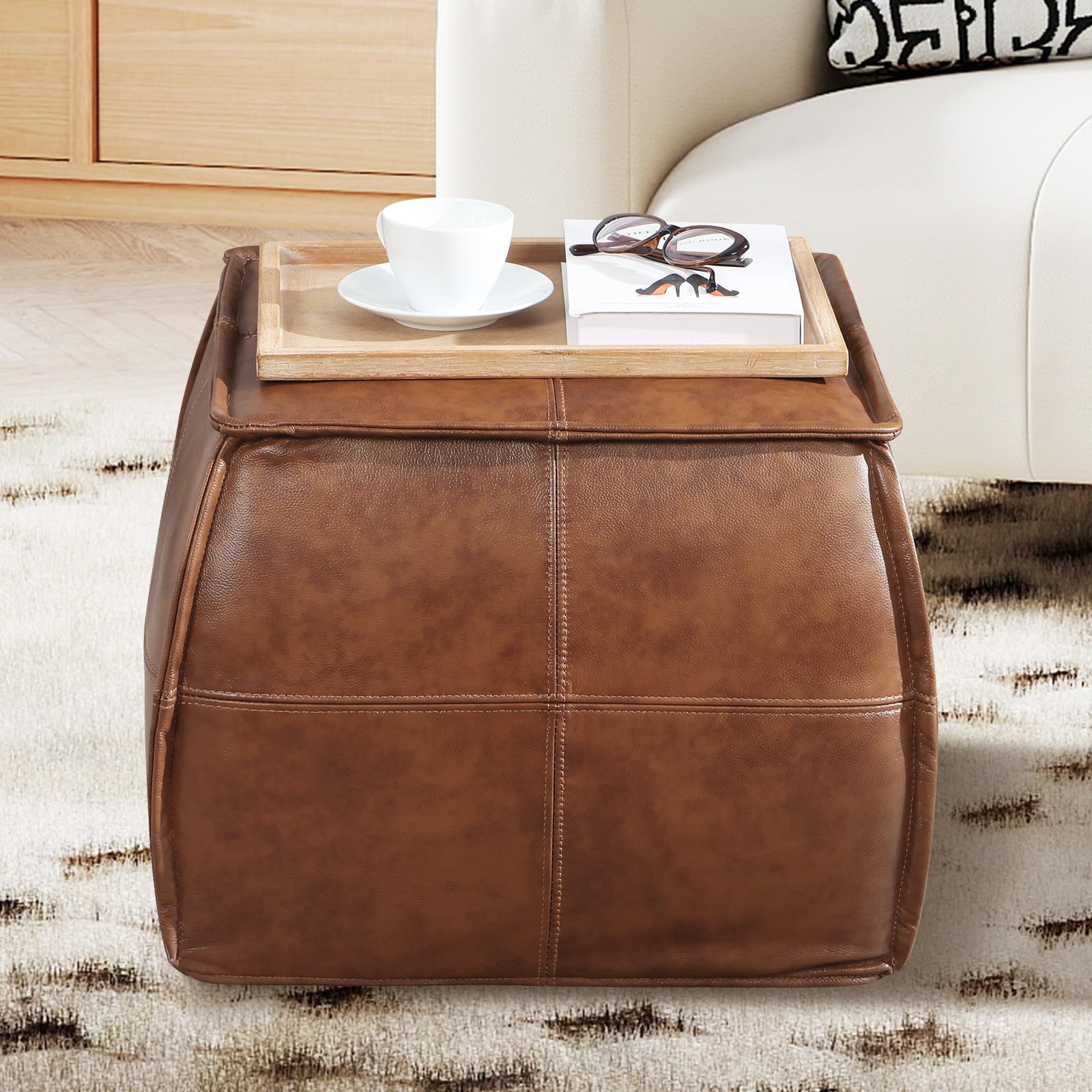 Couchus Genuine Leather Square Pouf Ottoman Footstool for Living Room, Bedroom, Indoor (Brown)