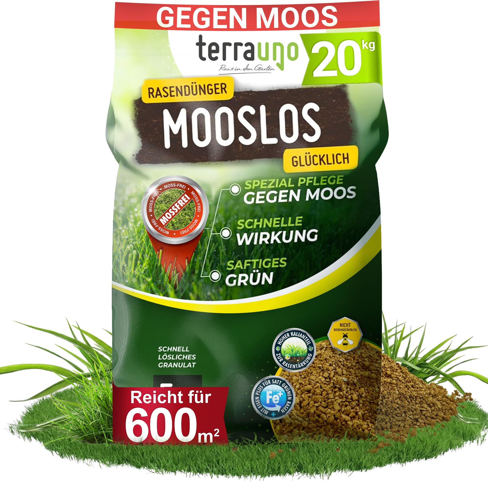 TerraUno Rasendünger Frühjahr Mooslos Glücklich, Moosfrei in 3 Tagen, Eisendünger gegen Moos, extrafeines Granulat, Sommer & Frühjahrsdünger Rasen, Dünger für den Streuwagen