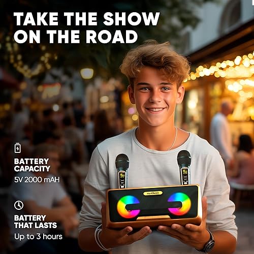 Miniatura 17 de MASINGO máquina de karaoke para adultos y niños, con altavoces Bluetooth portátiles, 2 micrófonos inalámbricos, luces LED, sistema PA y modo karaoke