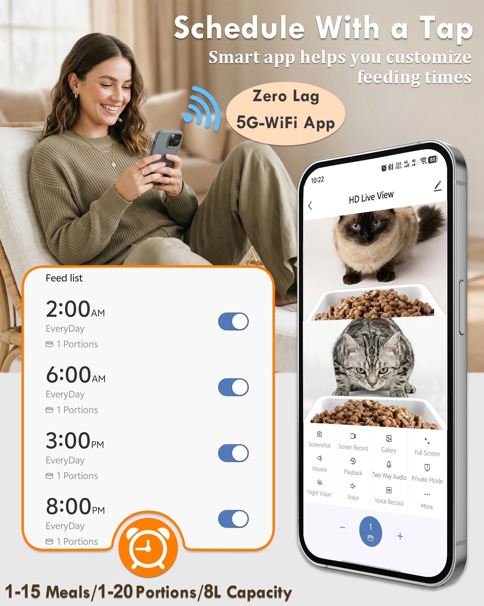 Yakry Automatic Cat Feeder for 2 Cats - Two HD Cameras Easy Setup 5GHz Stable WiFi Dog Food Dispenser with HD Night Vision - 8L Pet Feeder with Dual Bowls for Multi-Cat & Small Dogs Indoor - image 6