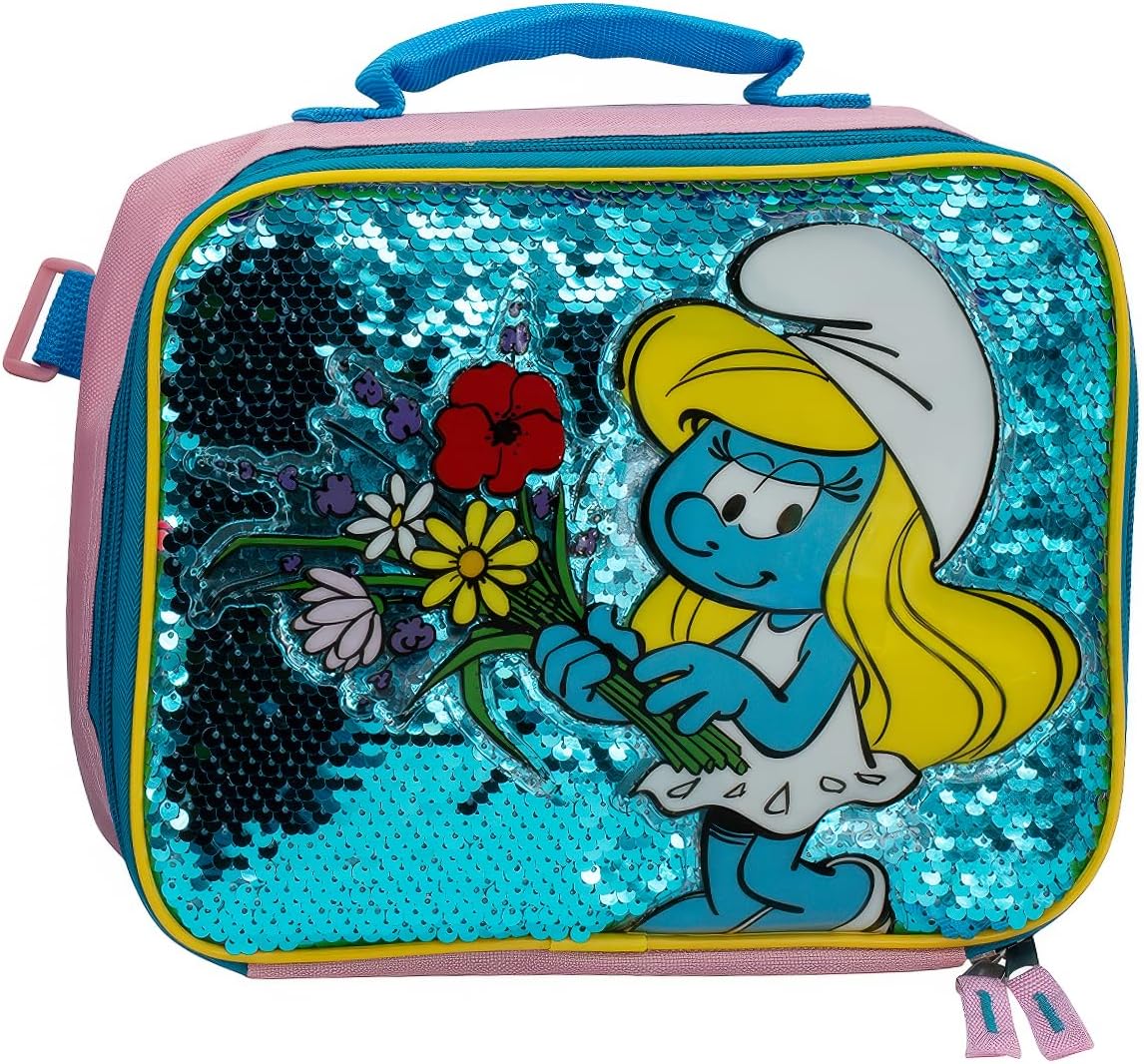 AI ACCESSORY INNOVATIONS Smurfs 5 Piece Backpack Set, Smurfette Flip Sequin Girls School Bag with Front Zip Pocket, 2 Side Mesh Pockets, Pink & Blue - Image 6