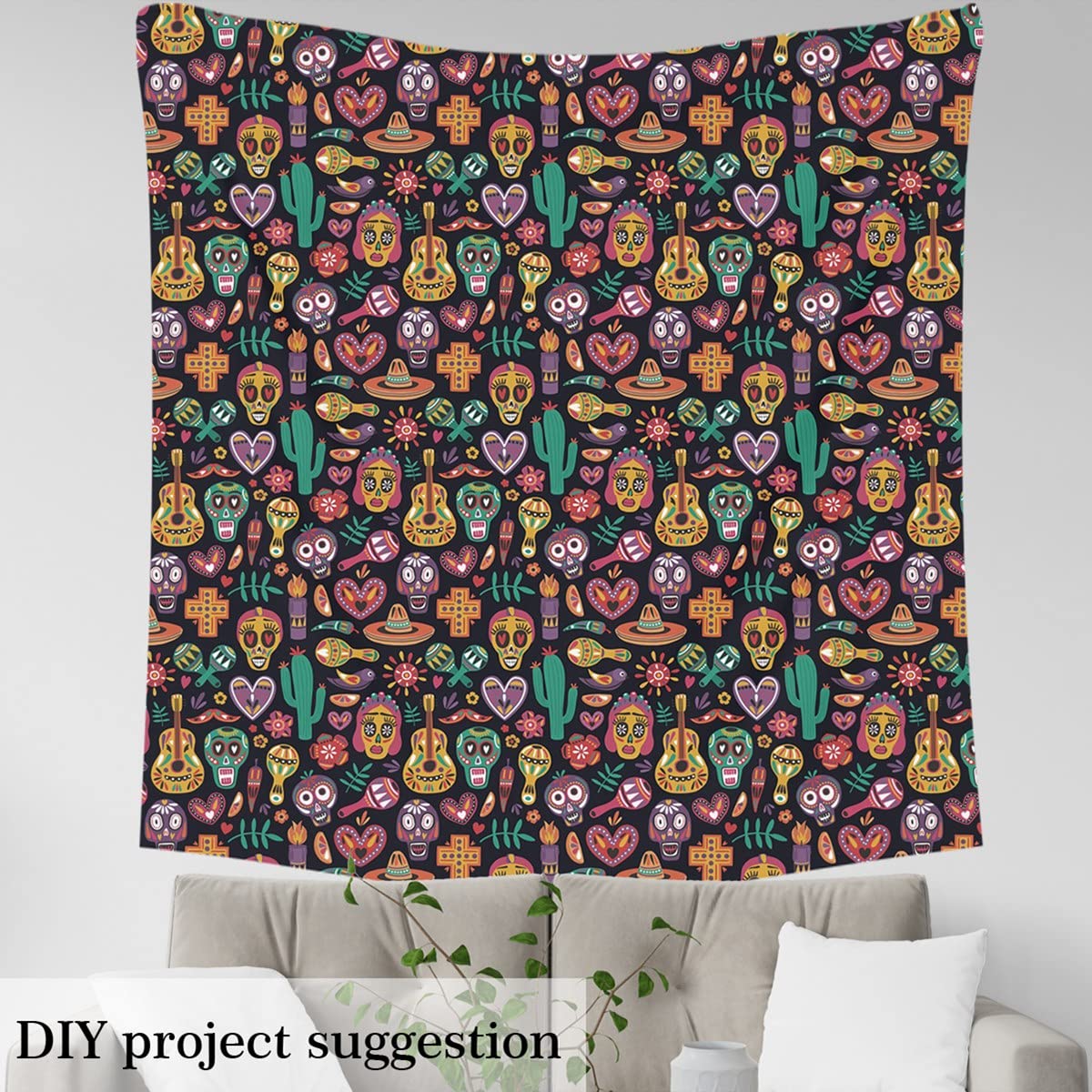 Sugar Skull Fabric by The Yard,Mexican Style Skeleton Cactus Fabric for Chairs,Exotic Flowers Pepper Fabric for and Home DIY Projects,1 Yard,(L92*W150cm) Charcoal Grey - Image 4
