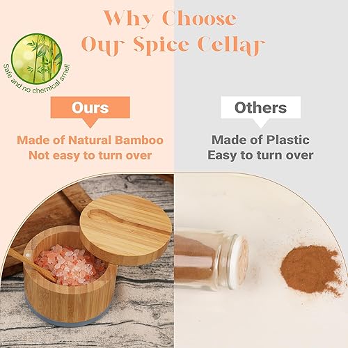 Miniatura 3 de Bodega de sal de bambú con tapa y cuchara, caja de sal gris, fácil de distinguir especias en el tazón, recipiente de sal con tapa giratoria