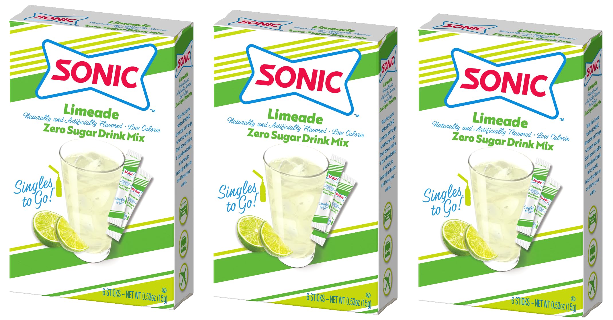 SINGLES TO GO! Sonic Limeade Singles to Go Drink Mix, Includes 3 Boxes with 3 Packets in Each Box - 18 Total Packets