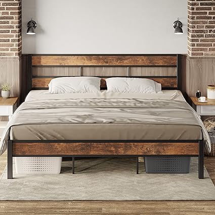 LIKIMIO King Bed Frame and Headboard, Easy Assembly, Noise-Free, No Box Spring Needed, Heavy Strong Metal Support Frames, Vintage Brown