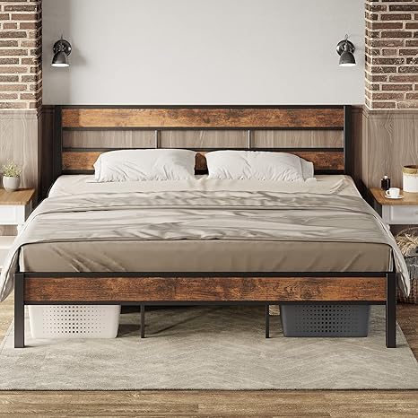 LIKIMIO King Bed Frame and Headboard, Easy Assembly, Noise-Free, No Box Spring Needed, Heavy Strong Metal Support Frames, Vintage Brown