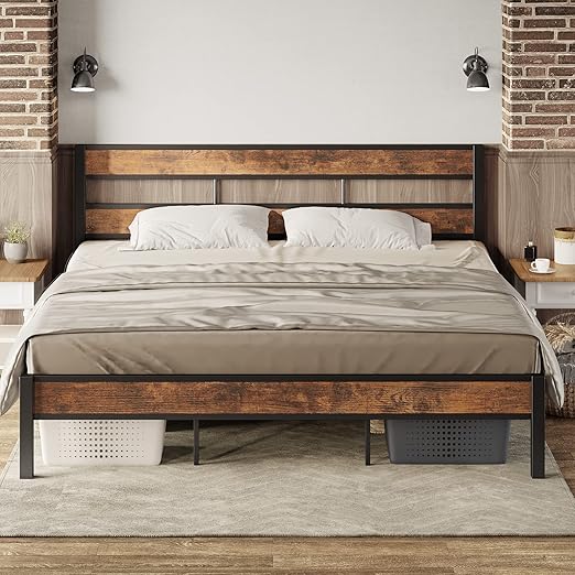 LIKIMIO King Bed Frame and Headboard, Easy Assembly, Noise-Free, No Box Spring Needed, Heavy Strong Metal Support Frames, Vintage Brown