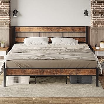 LIKIMIO King Bed Frame and Headboard, Easy Assembly, Noise-Free, No Box Spring Needed, Heavy Strong Metal Support Frames, Vintage Brown