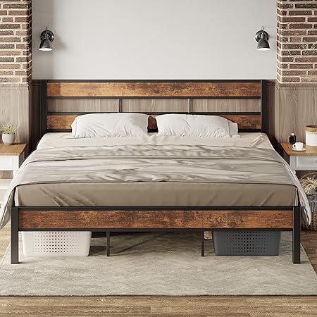 LIKIMIO King Bed Frame and Headboard, Easy Assembly, Noise-Free, No Box Spring Needed, Heavy Strong Metal Support Frames, Vintage Brown