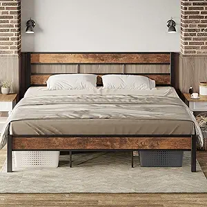 LIKIMIO King Bed Frame and Headboard, Easy Assembly, Noise-Free, No Box Spring Needed, Heavy Strong Metal Support Frames, Vintage Brown